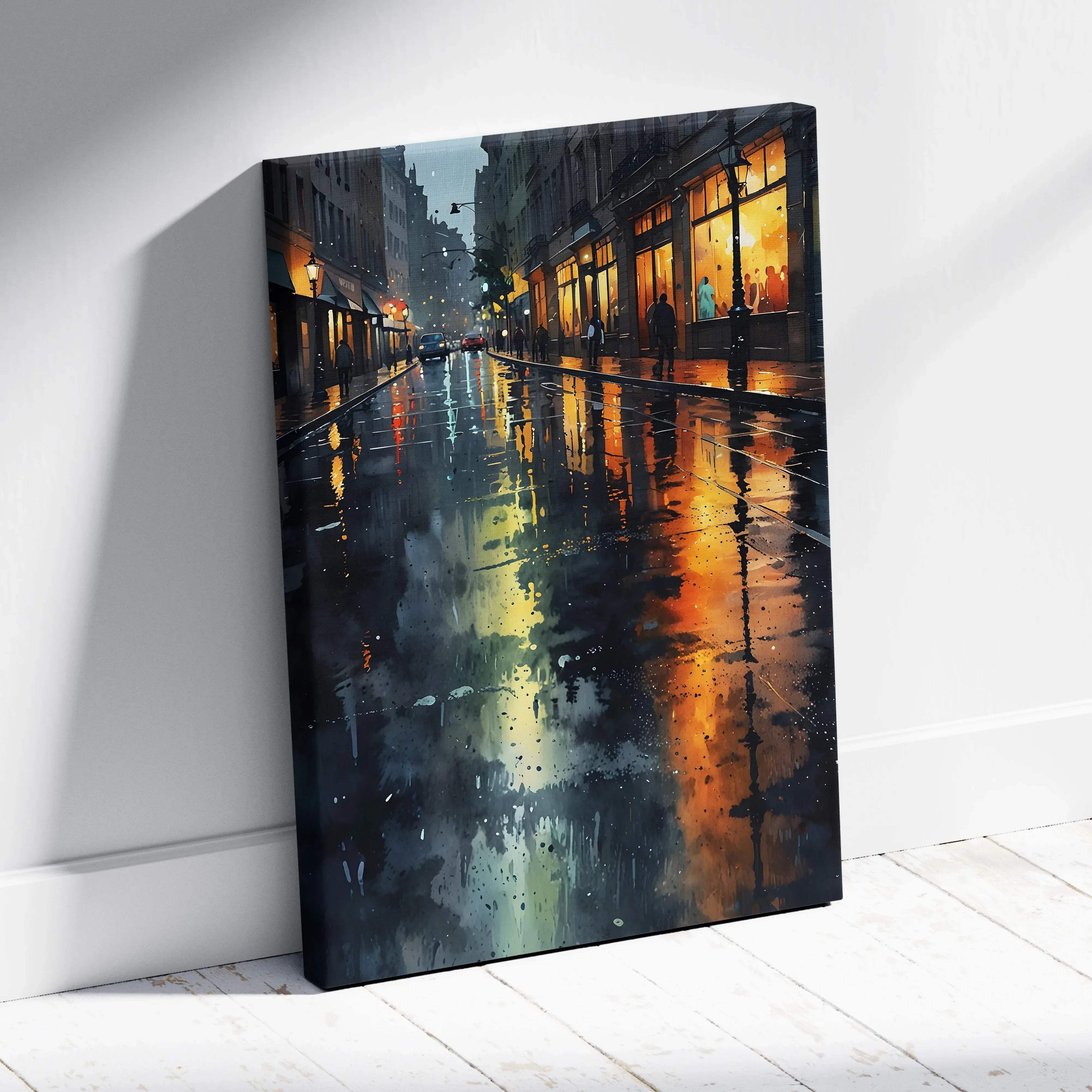 A canvas print of a rainy urban street scene with warm yellow and orange neon reflections on wet pavement