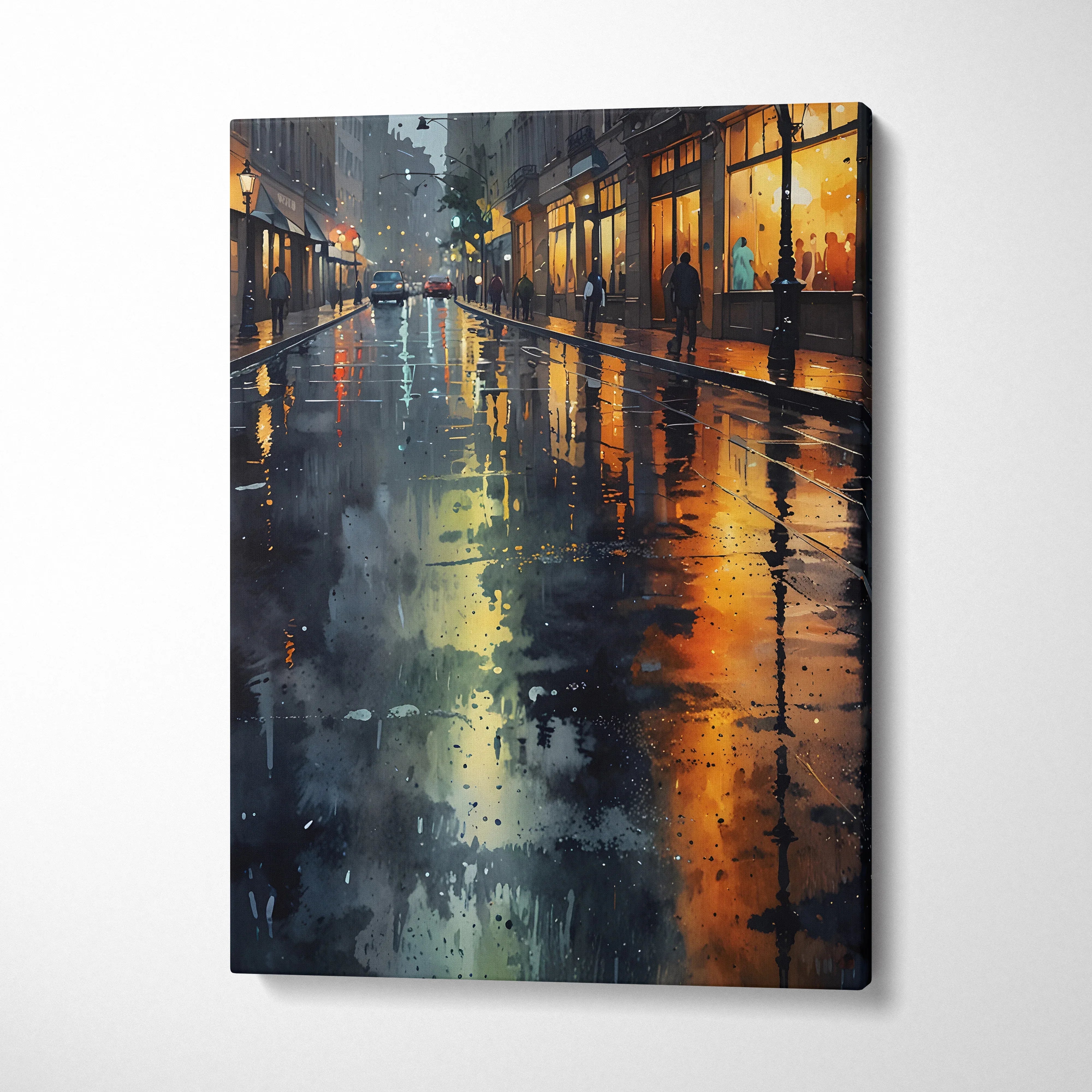 Cityscape canvas wall art with vibrant watercolor reflections on a rainy street at night.
