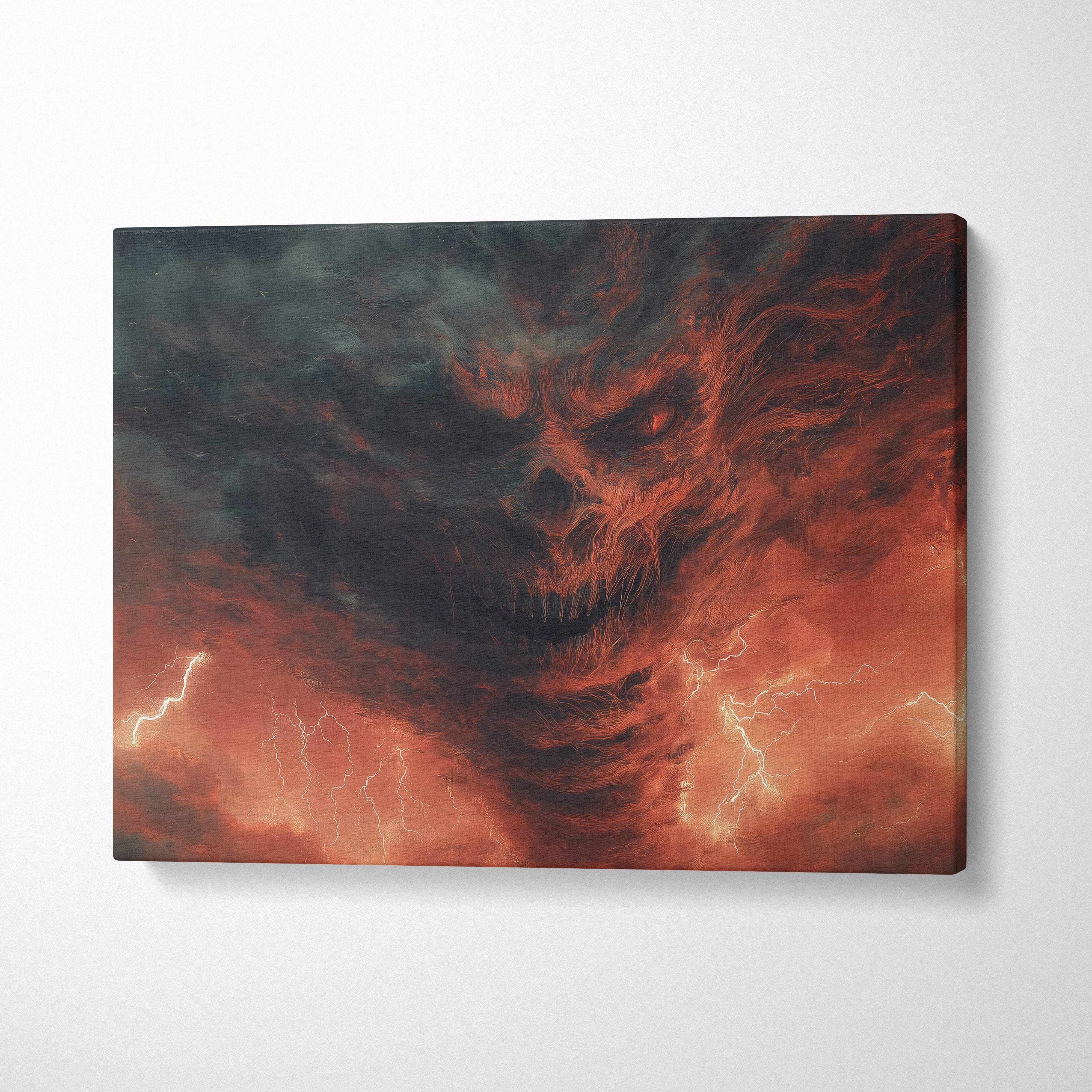 A canvas print of a menacing fiery skull face emerging from red and black clouds with lightning bolts in a dark fantasy style