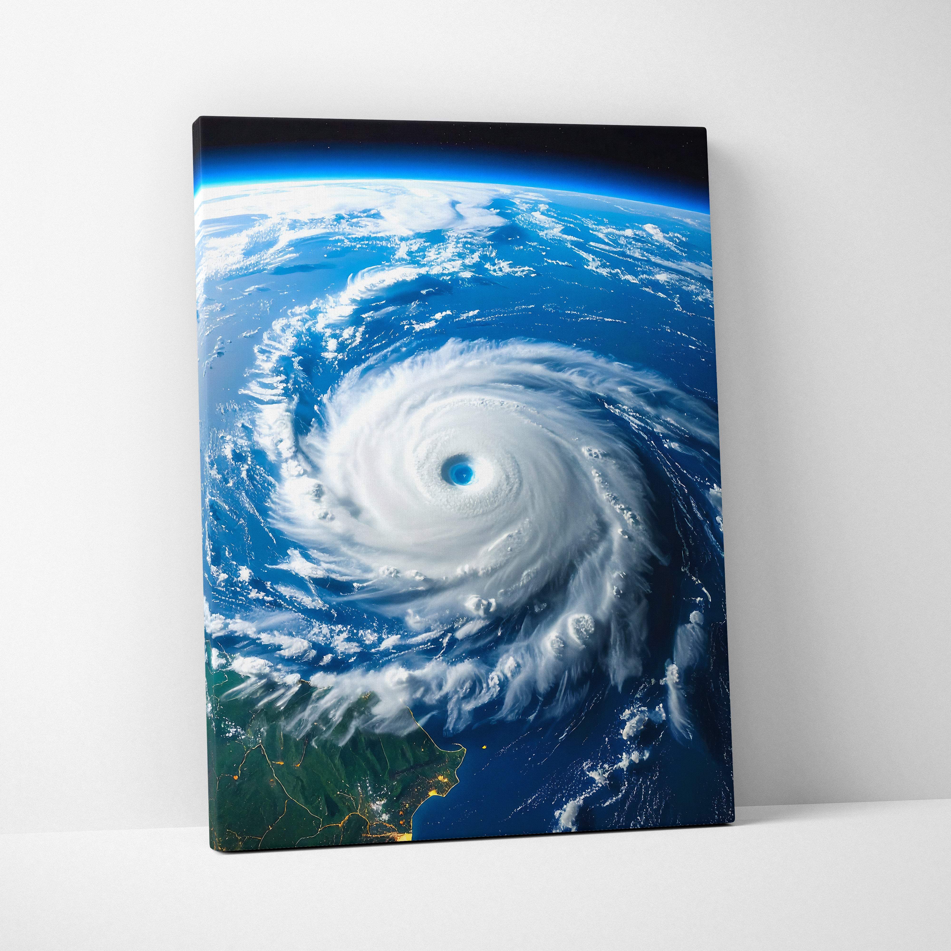 A vibrant blue and white hurricane canvas wall art showing a swirling ocean cyclone eye over earth from space