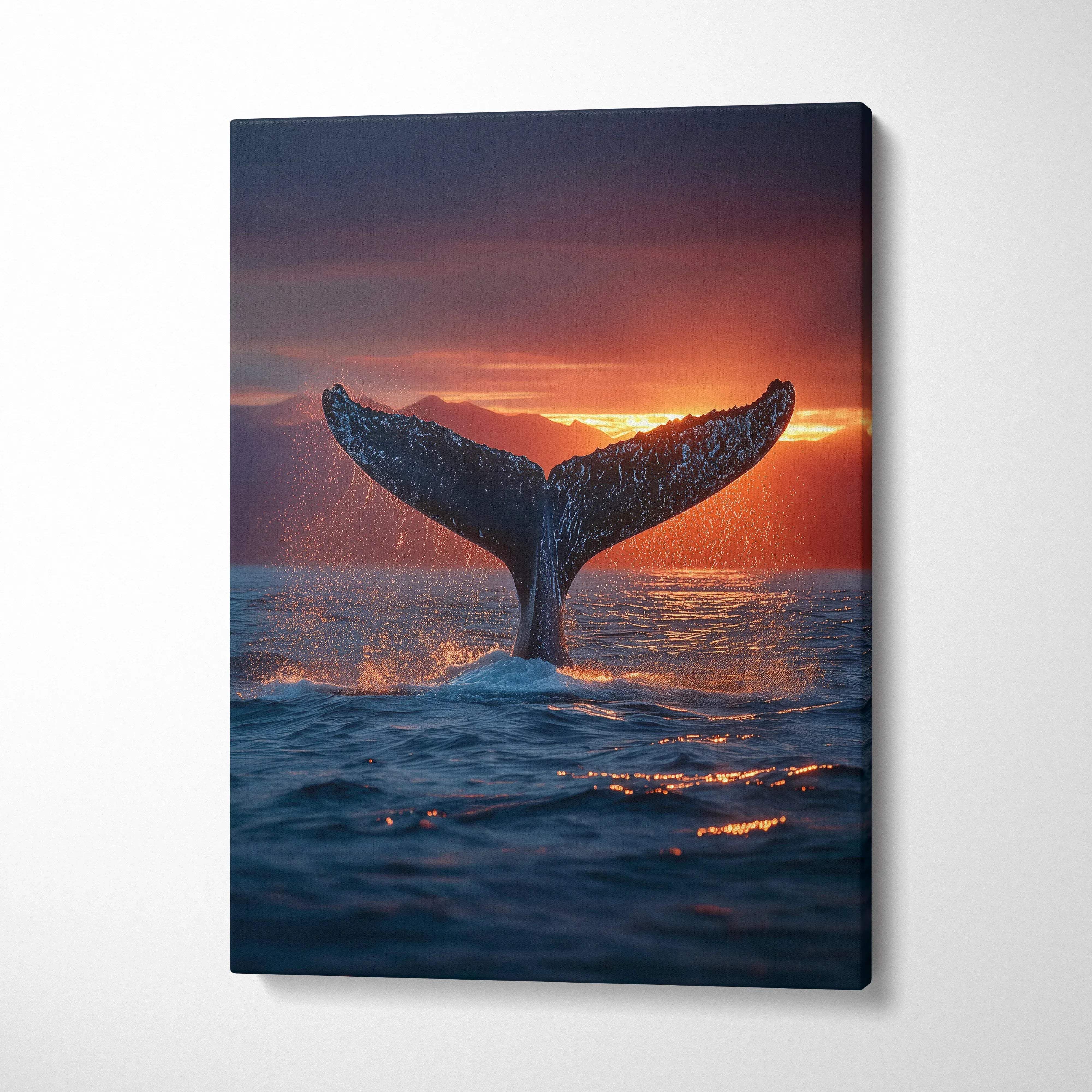 Canvas wall art showing a whale tail rising from ocean at vibrant sunset.