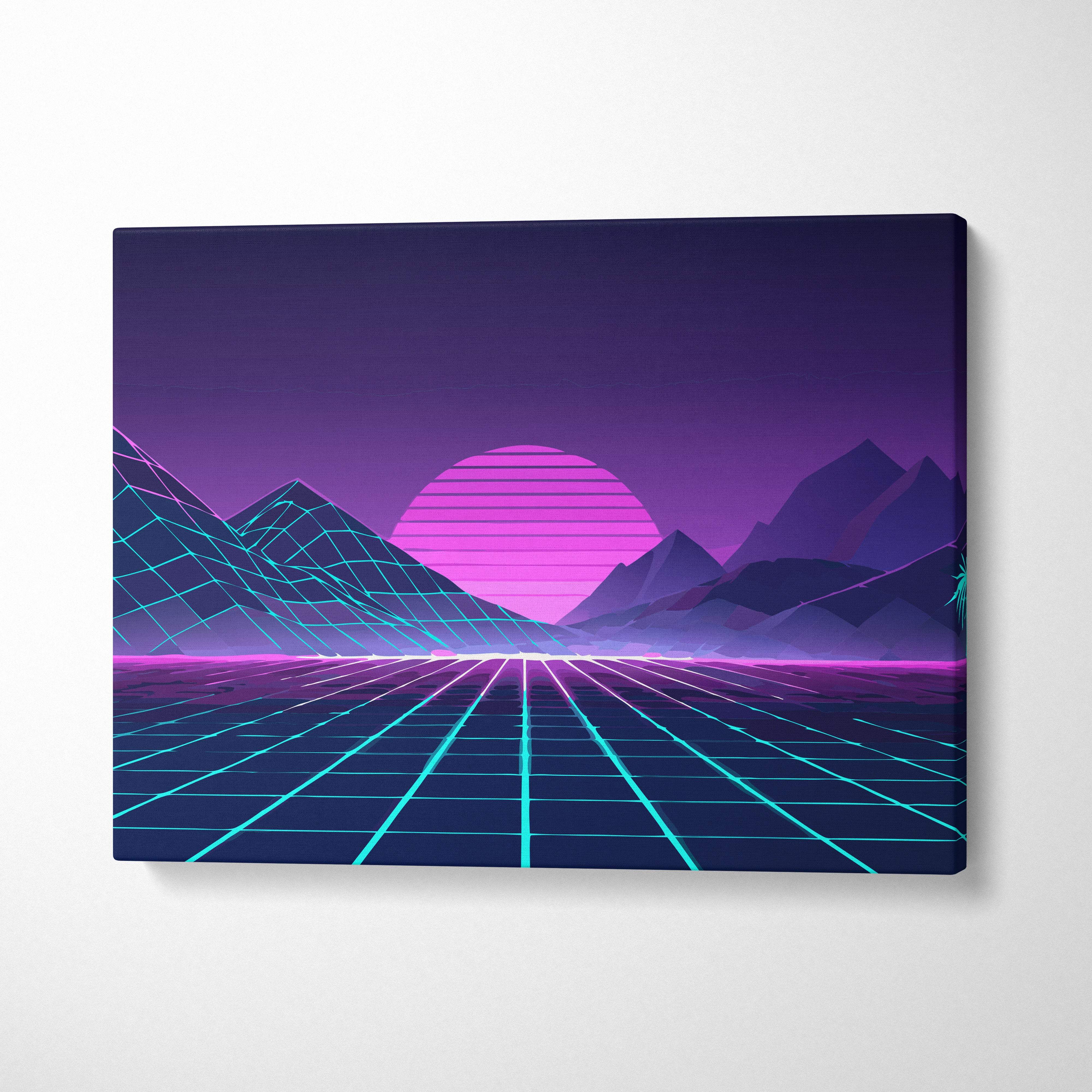 Vaporwave neon mountain grid canvas art print featuring a glowing pink sun setting behind geometric mountains and neon grids