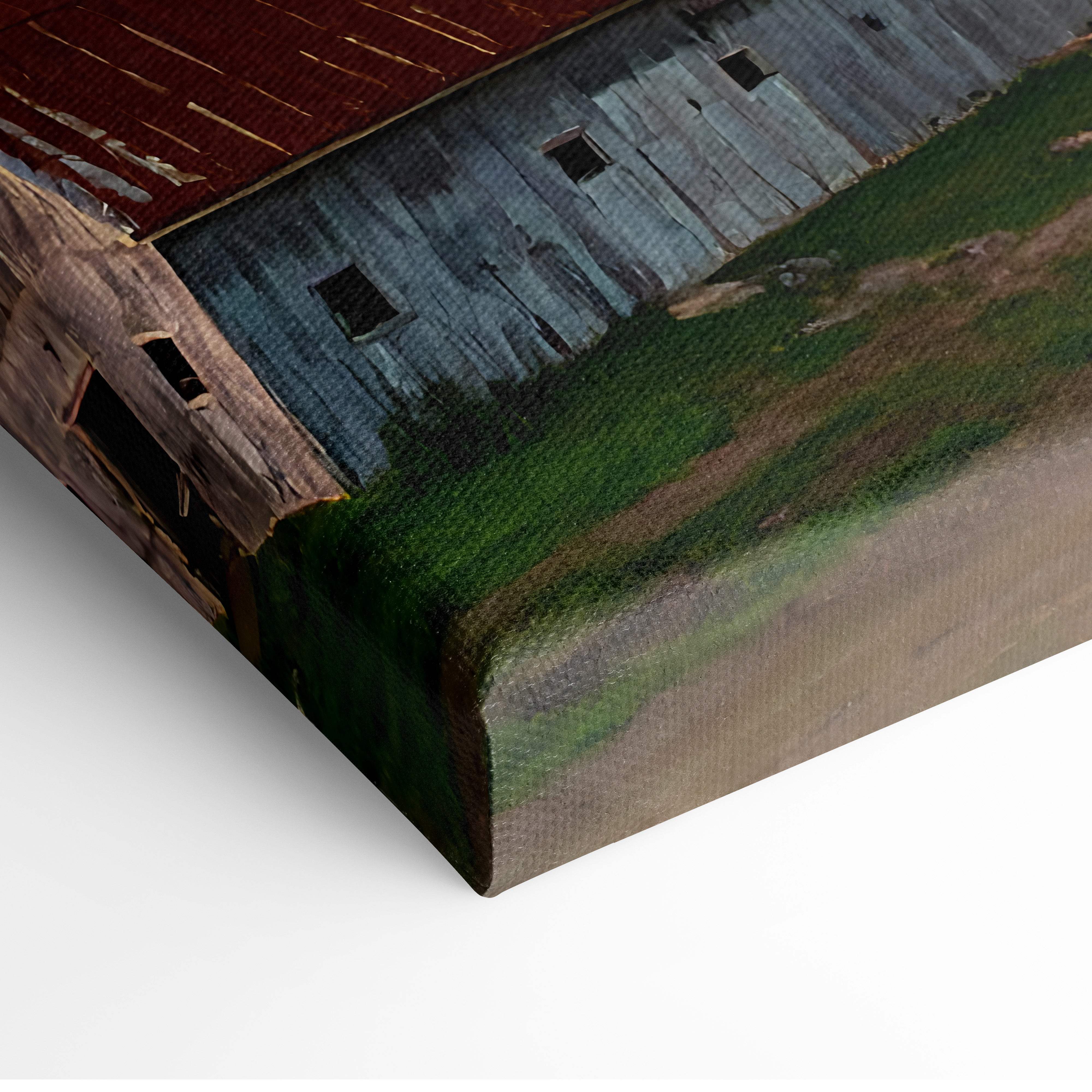 Lightning storm over farm canvas wall art featuring a rustic barn with weathered red roof and blue gray siding on textured canvas