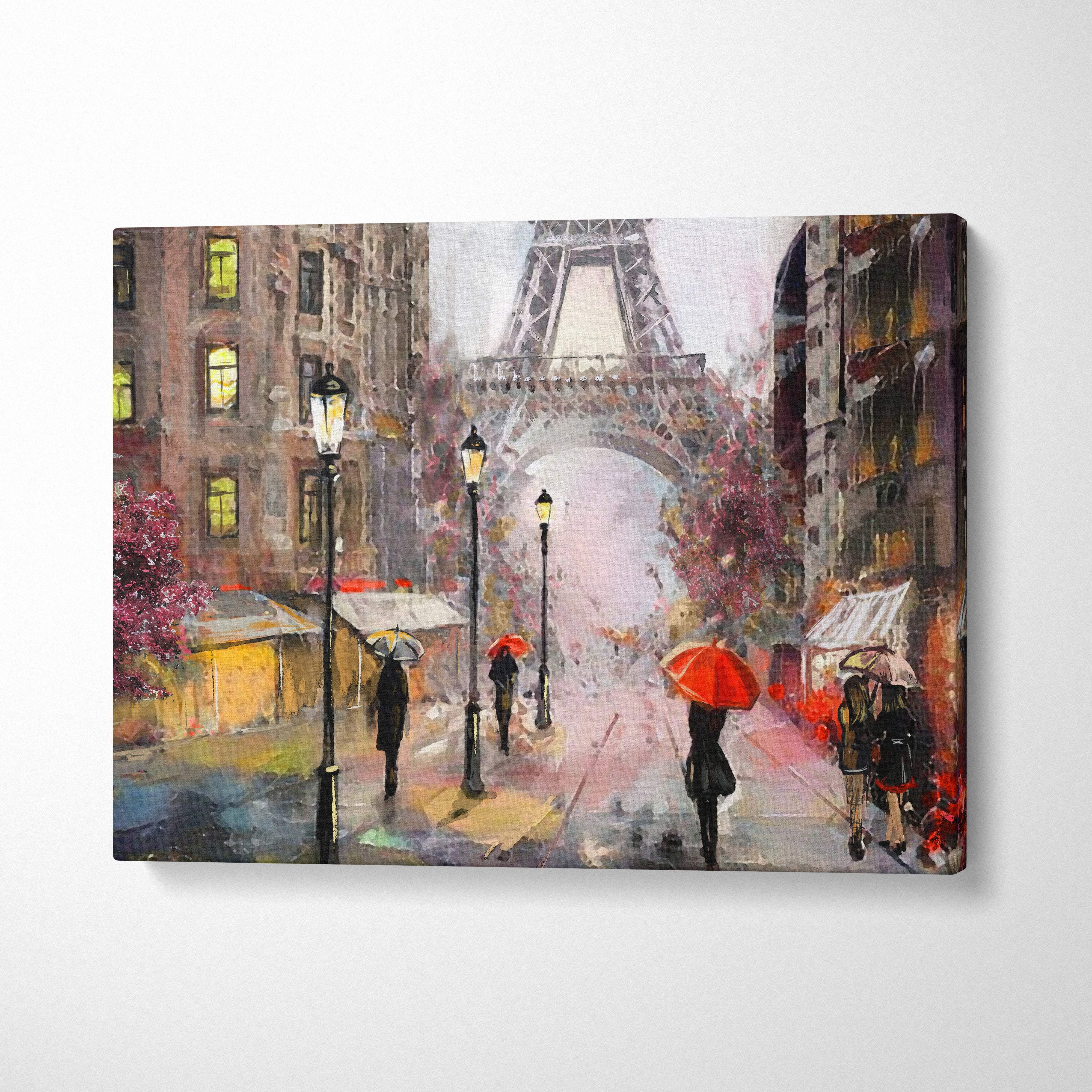 Paris rainy street painting style wall art with eiffel tower, red and black umbrellas, warm buildings, impressionist canvas print