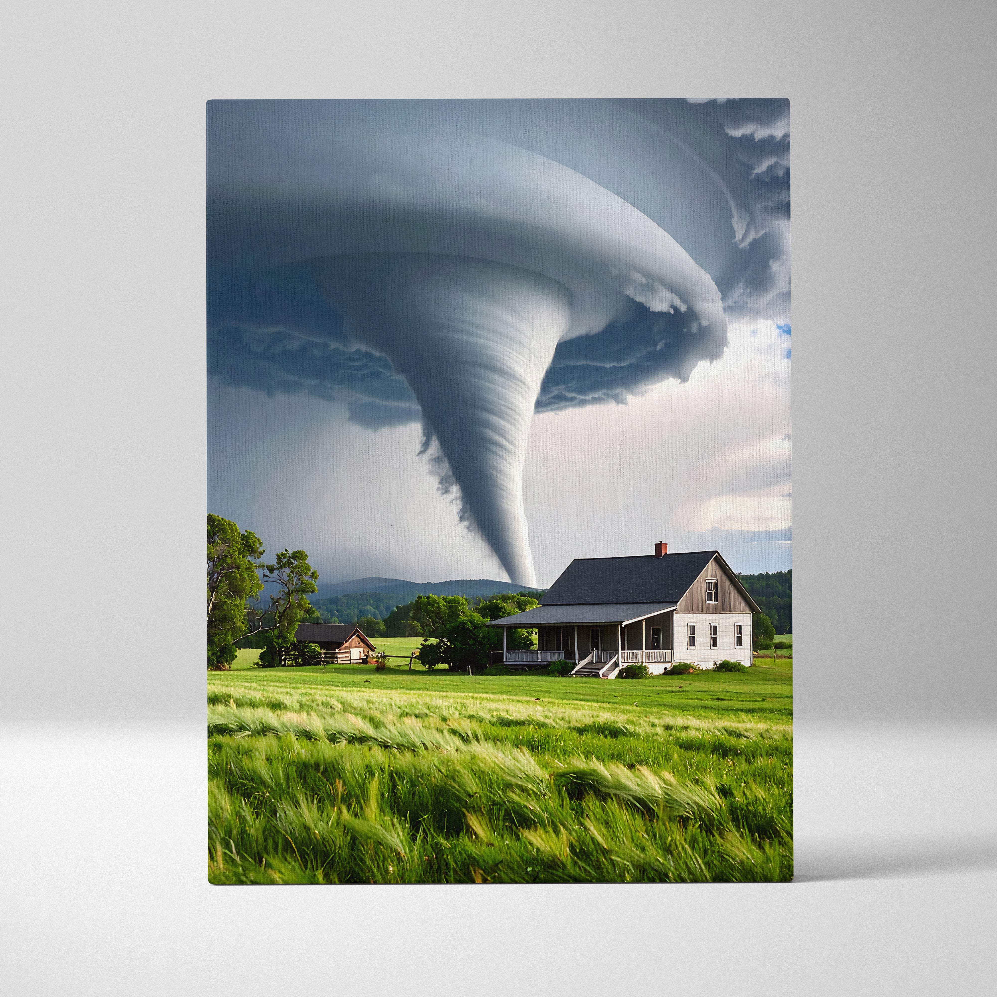 A canvas print of a massive tornado over a rustic farmhouse in a green field for dramatic storm home decor