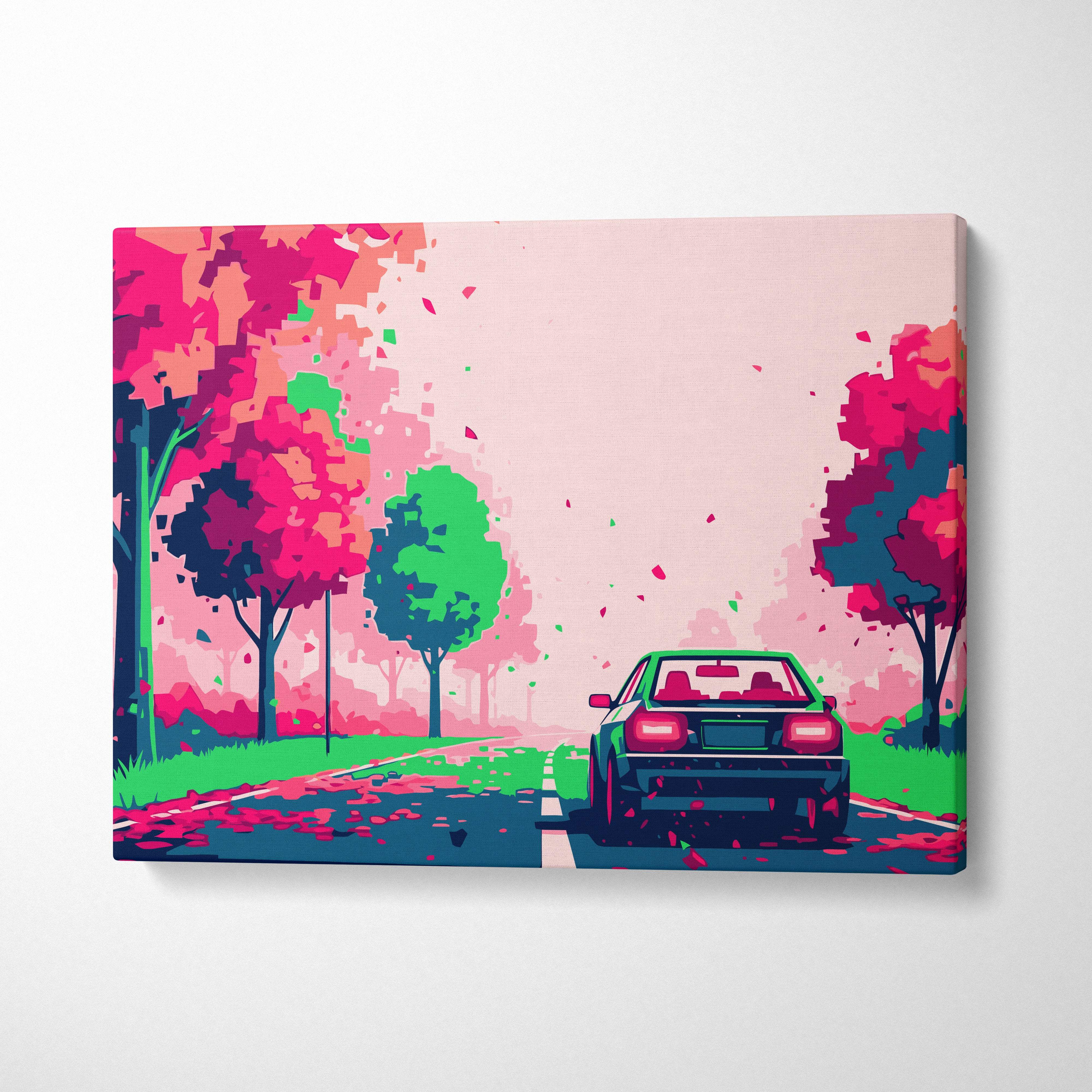 Vibrant pixelated retrowave sports car canvas print with neon green car on road lined with pink and teal trees under pastel sky
