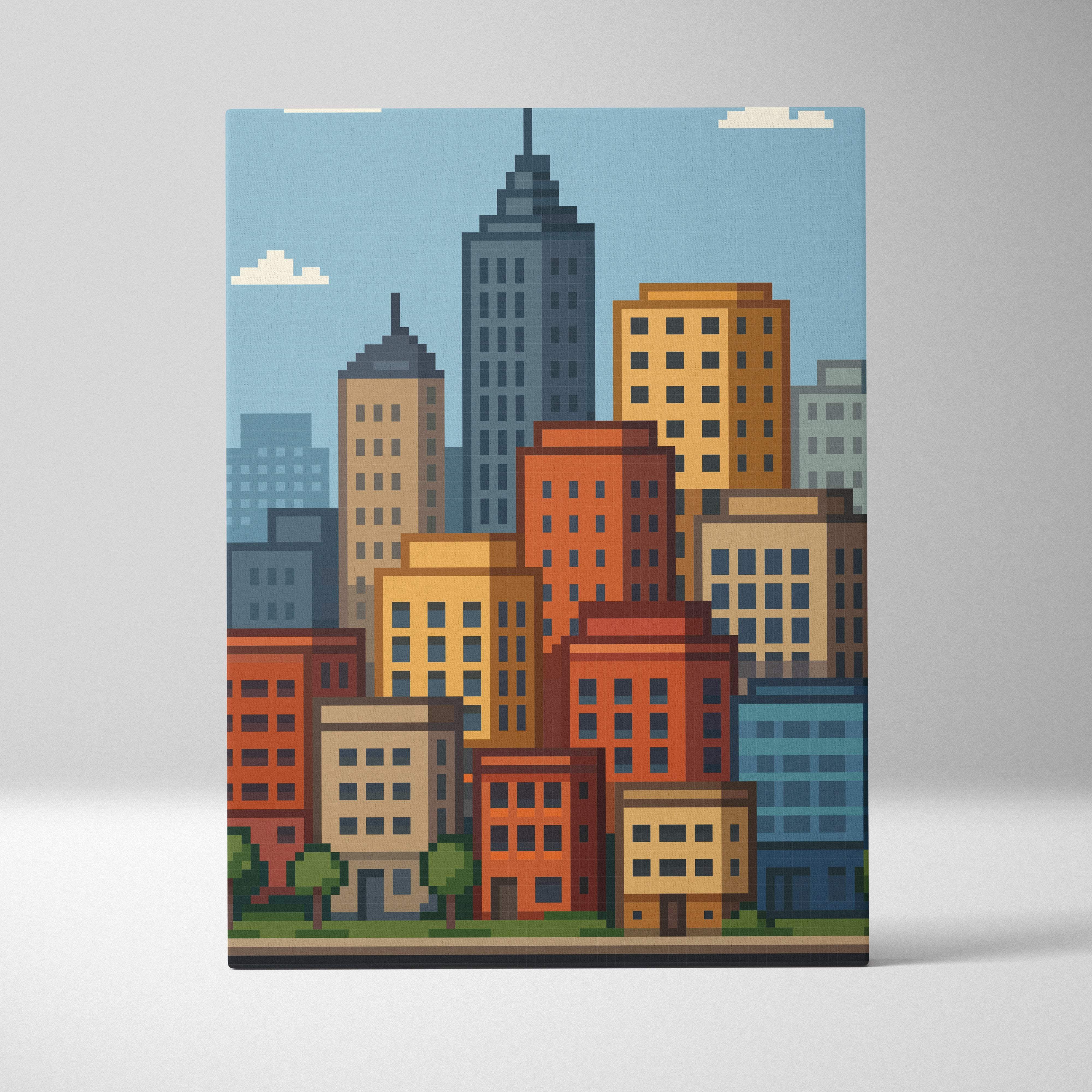 City skyline pixel art canvas print featuring colorful blocky buildings in orange red blue and gray under light blue sky