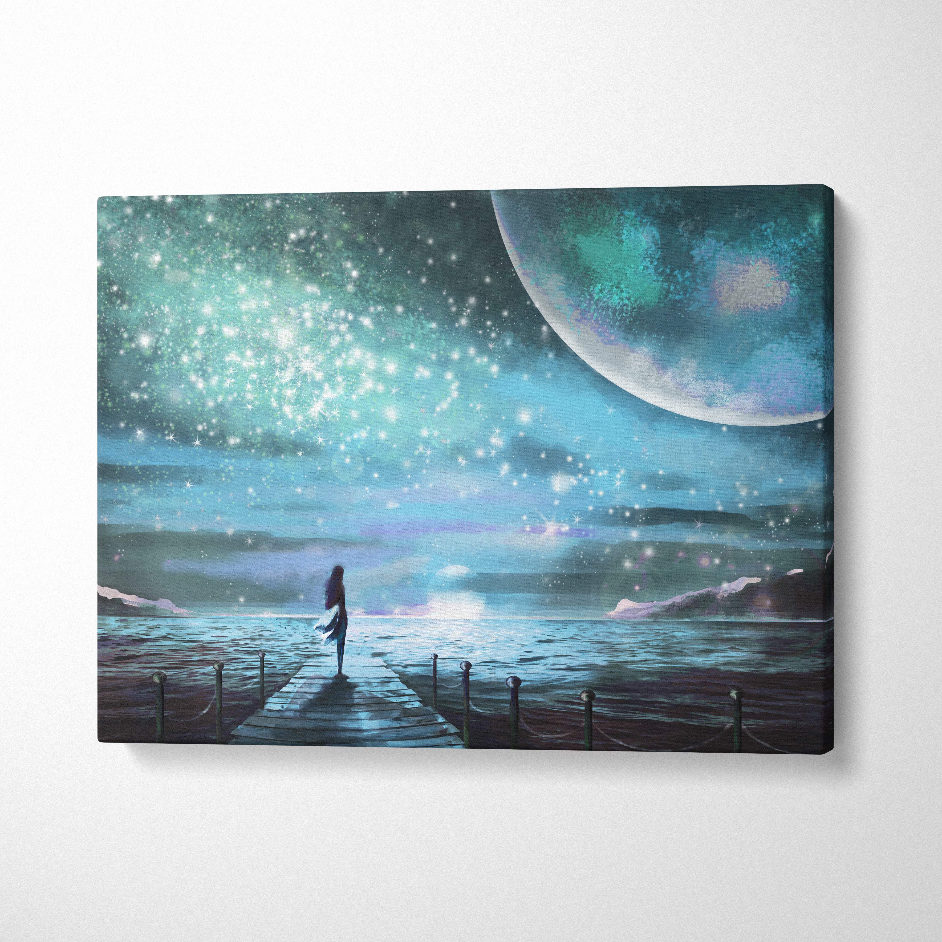 Rectangular canvas print depicting a dreamy night sky seascape with a teal moon starry galaxy and lone figure on pier
