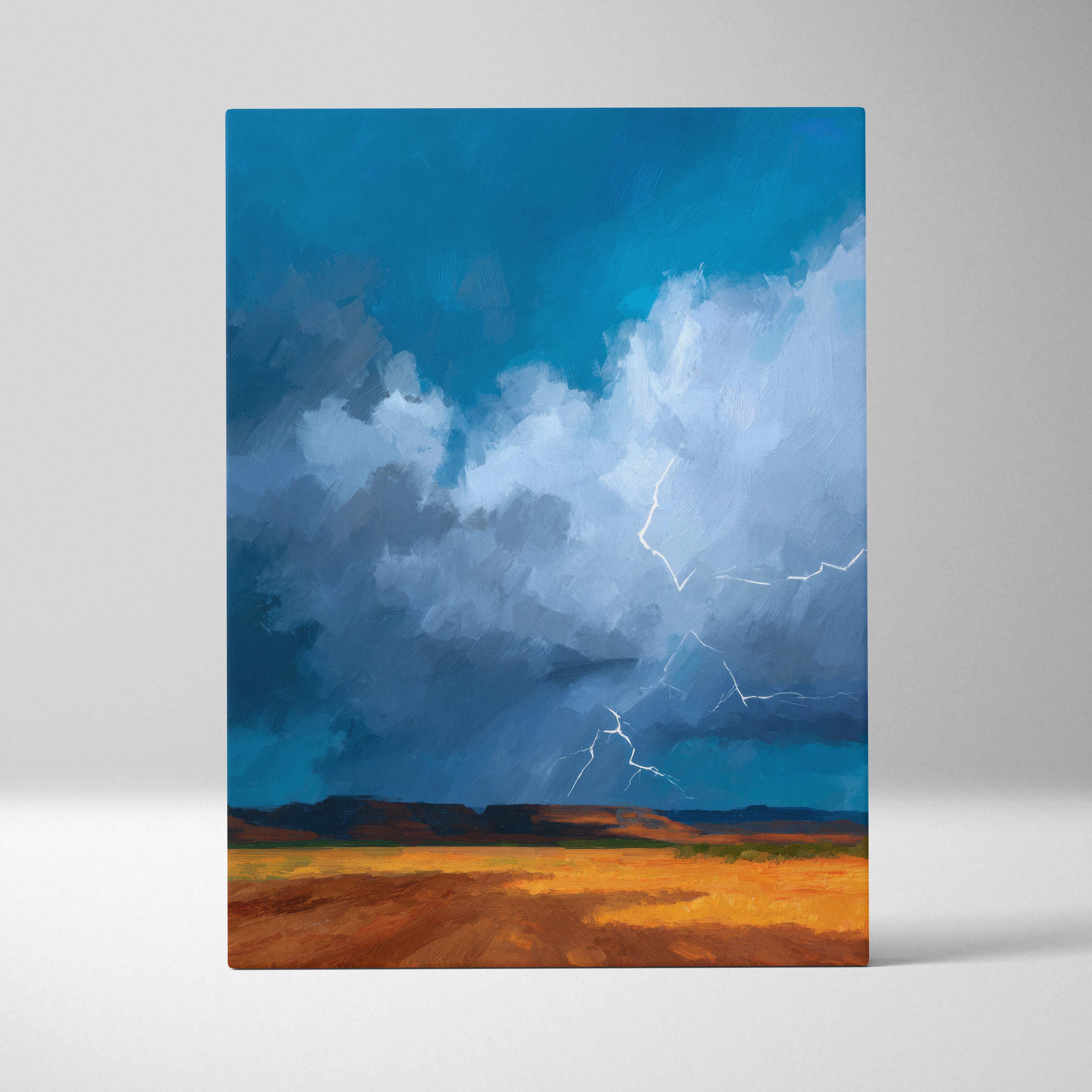 Rectangular canvas wall art showing a dramatic lightning storm over a golden-brown desert with vivid blue and white clouds