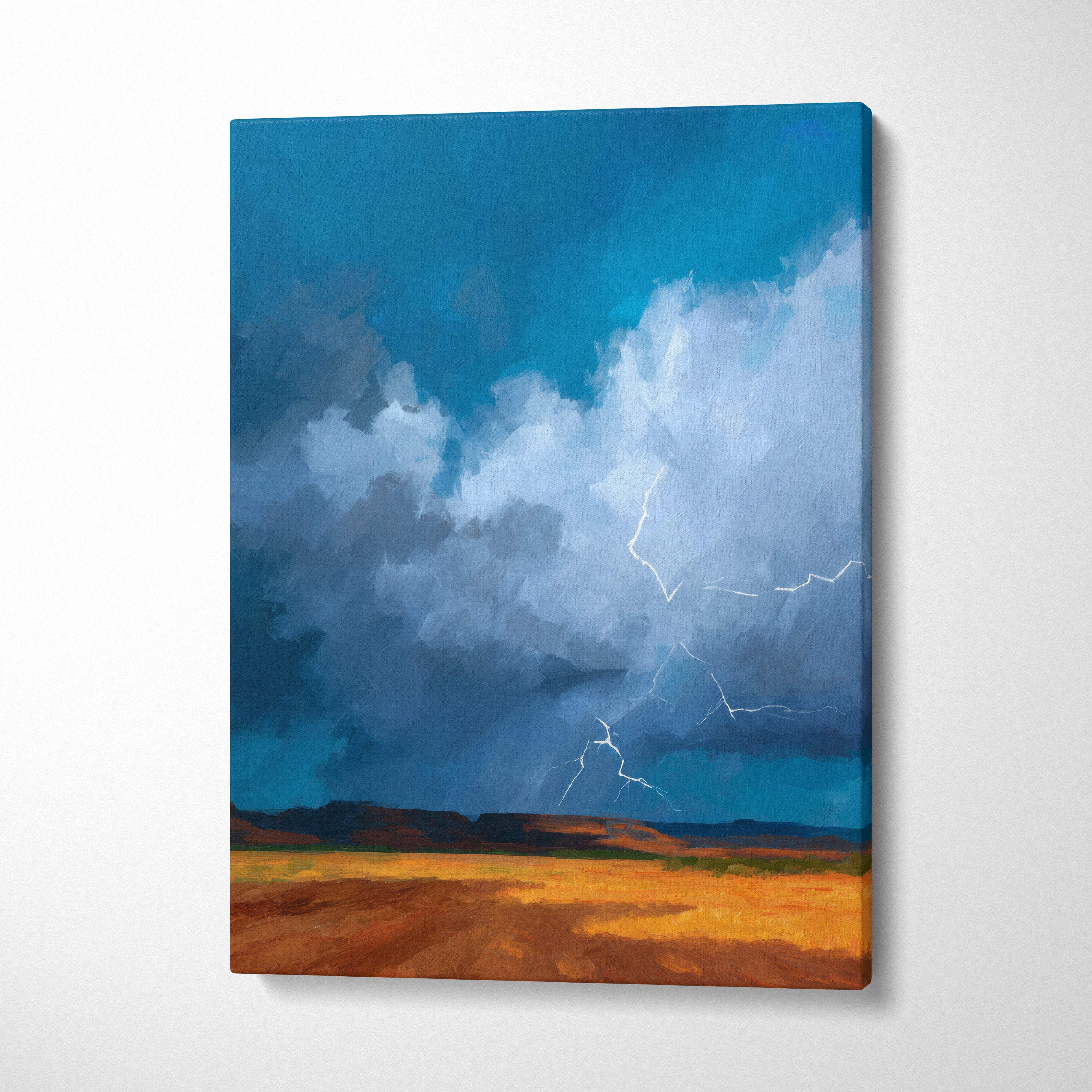 Vibrant canvas wall art showing white lightning over an orange brown desert under a dramatic stormy sky
