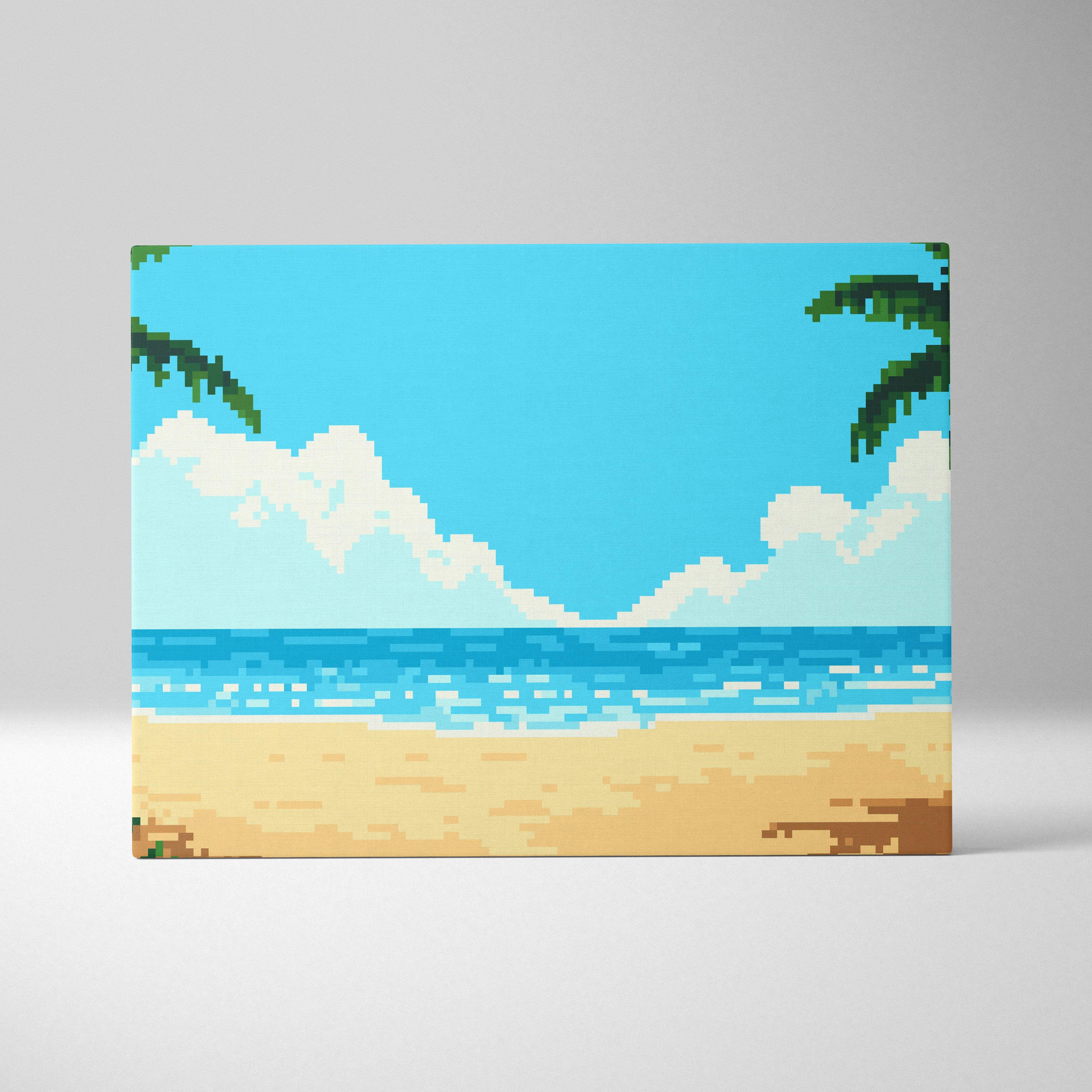 Tropical beach pixel art canvas print with vibrant turquoise ocean sandy shore and green palm fronds on blue sky
