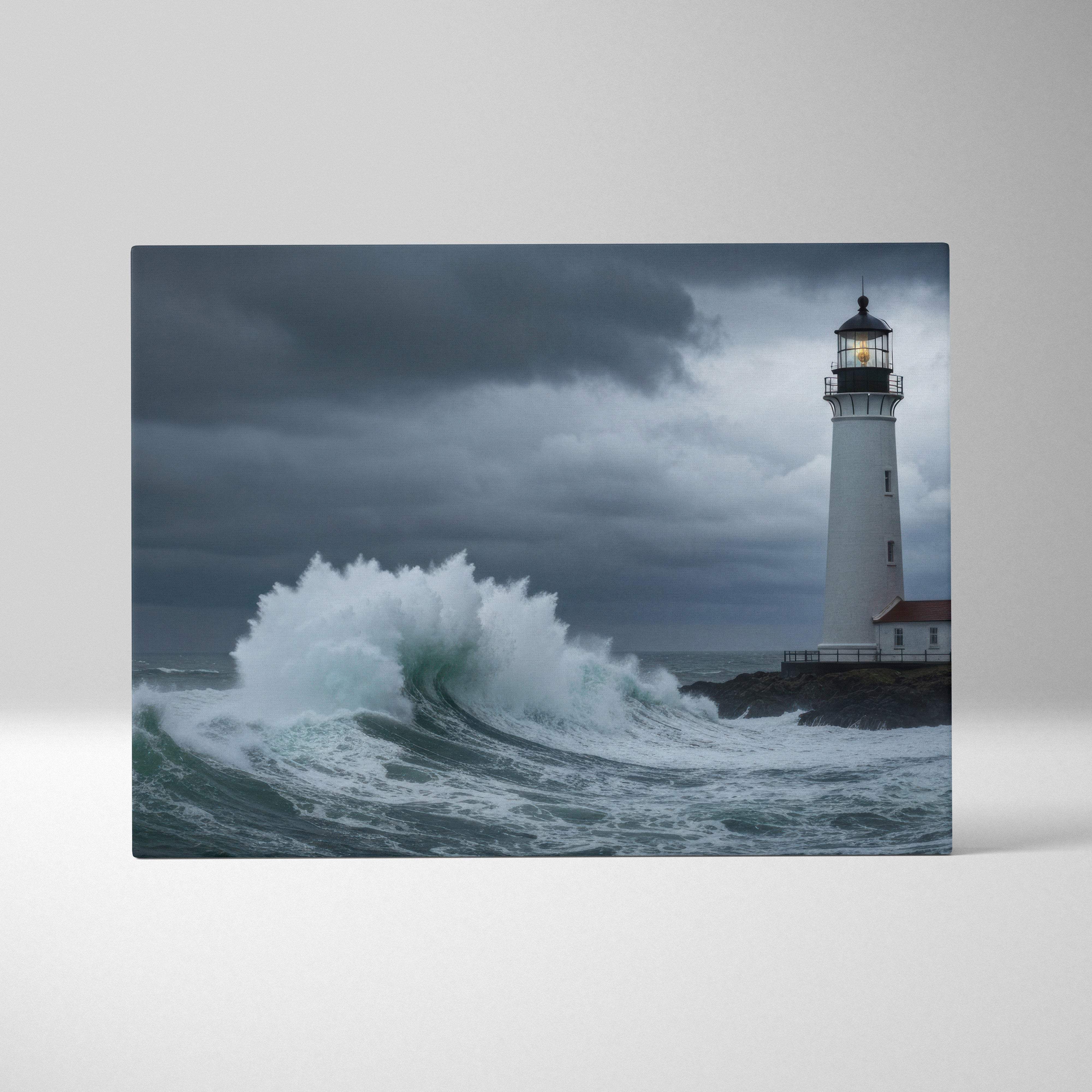Stormy lighthouse ocean canvas art featuring a white lighthouse with black lantern room and red roof against dark moody sky