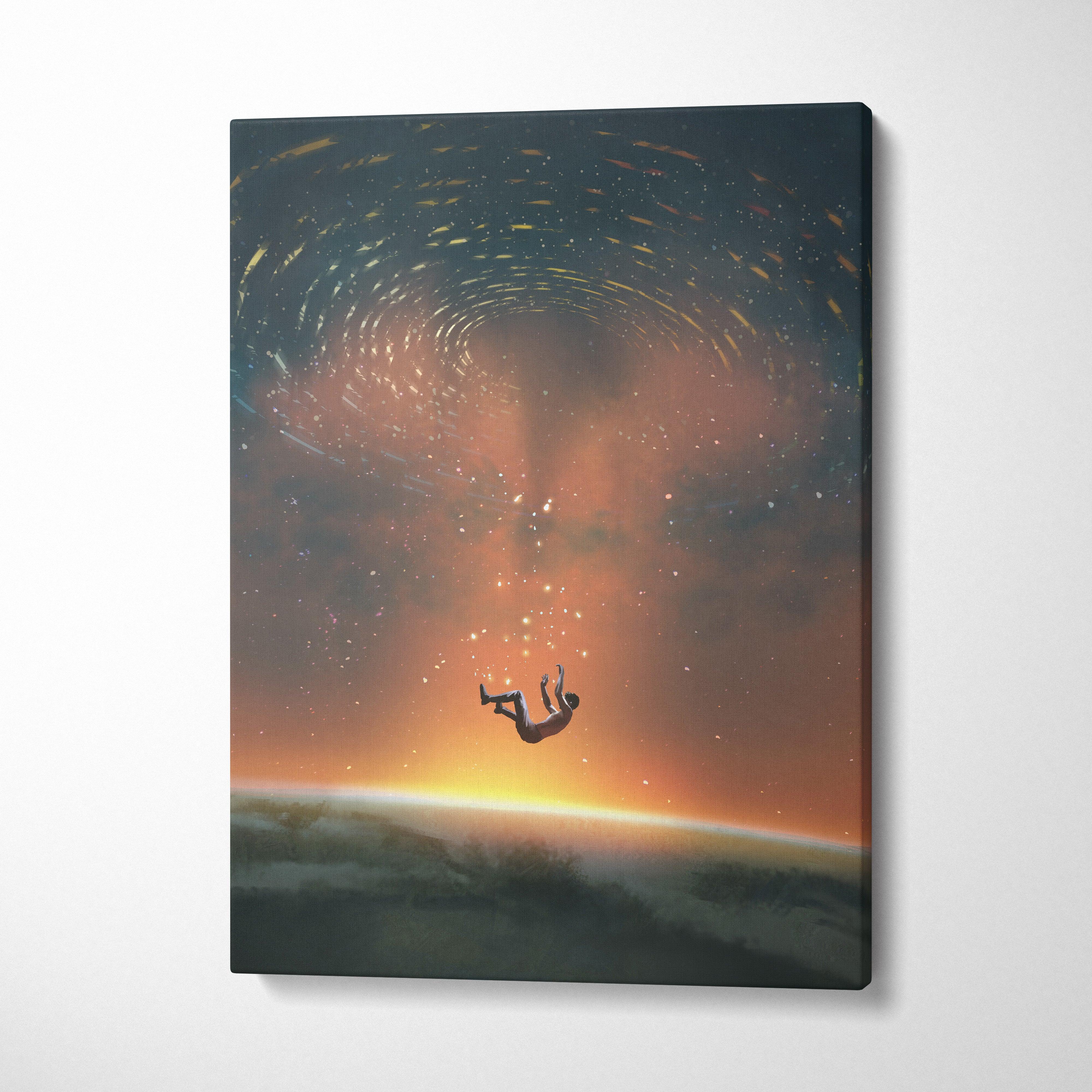 Cosmic ascension canvas wall art showing a person falling through a swirling cosmic vortex with orange and dark blue sky