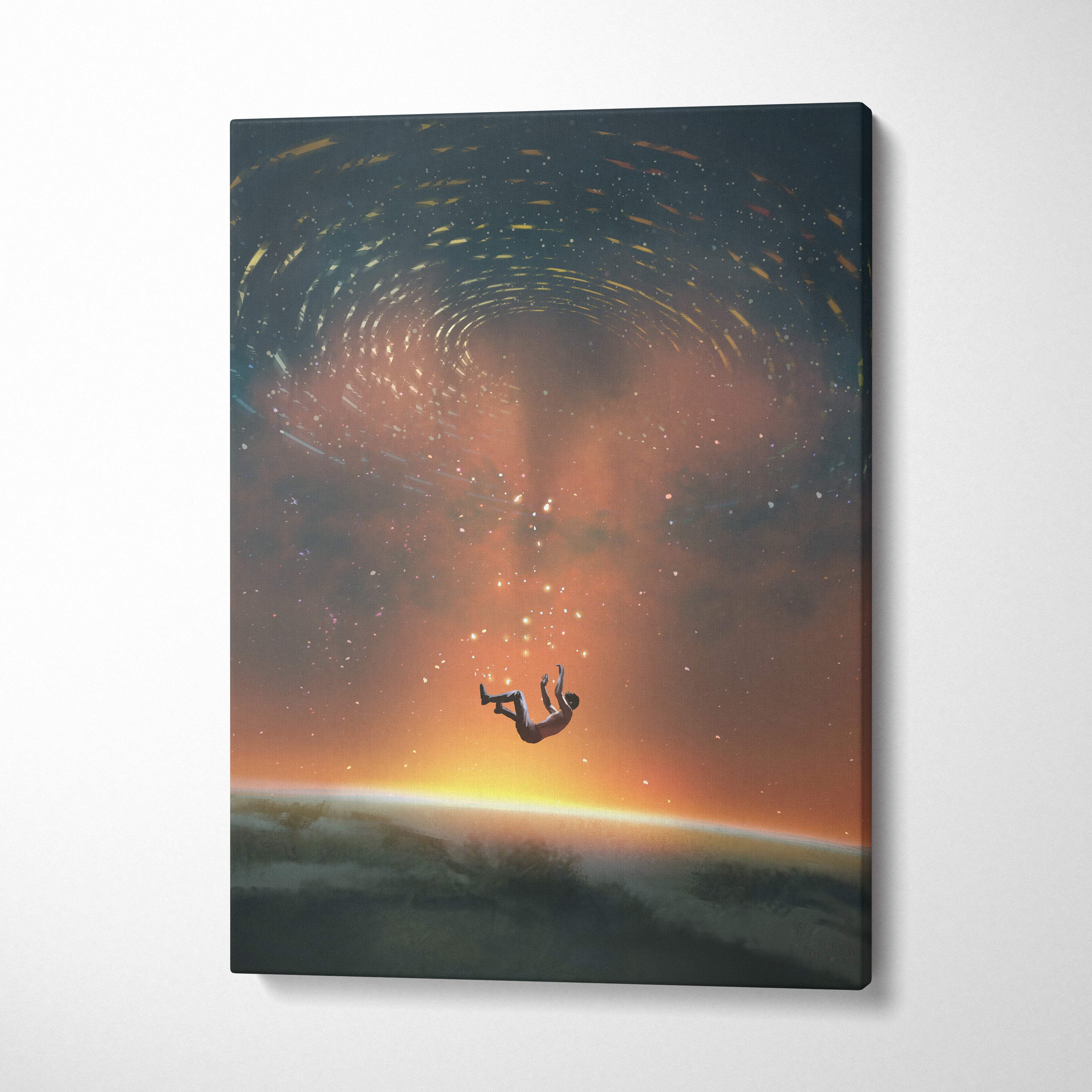 Cosmic ascension canvas wall art showing a person falling through a swirling cosmic vortex with orange and dark blue sky