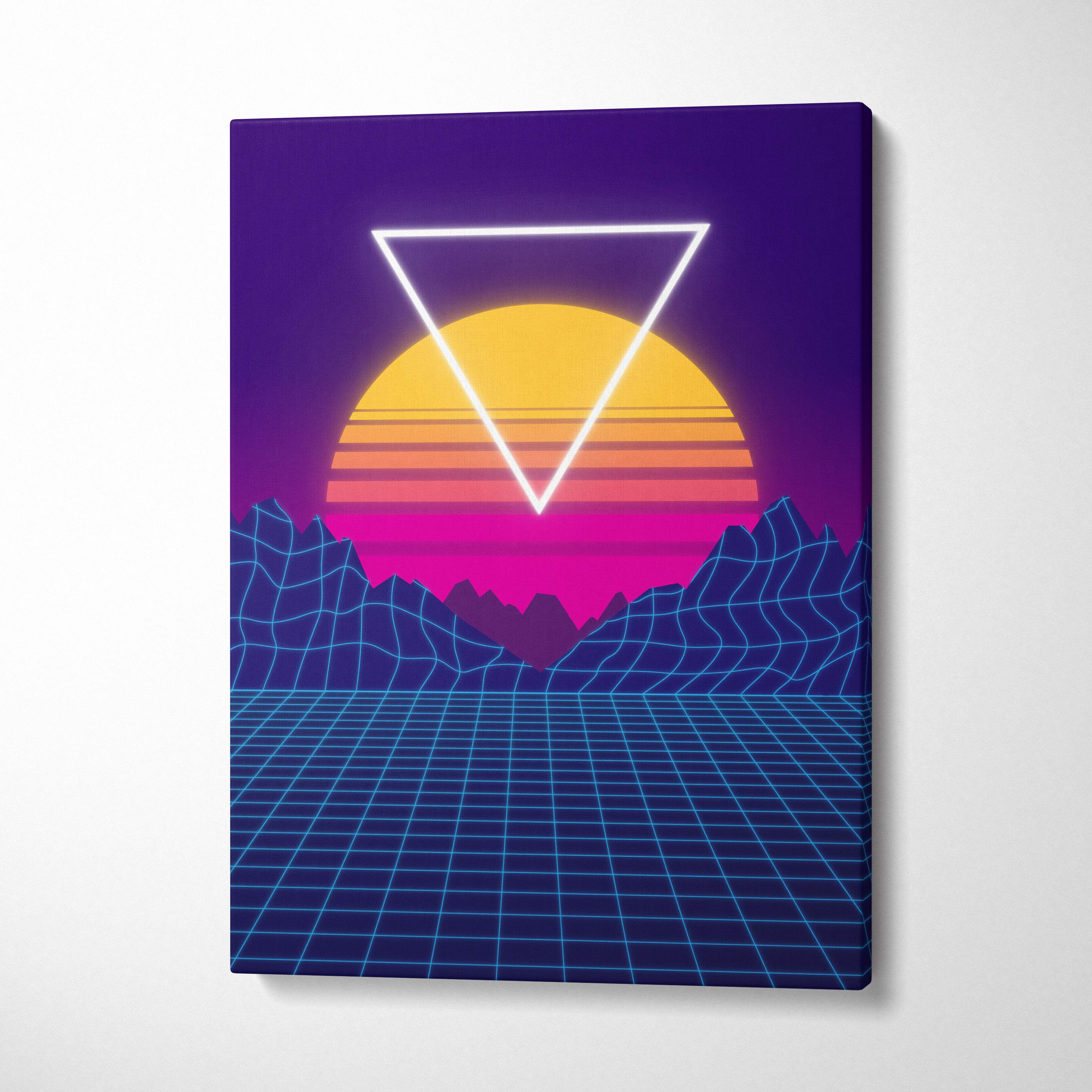 Vaporwave neon grid canvas art print featuring a glowing white triangle over a retro sunset and blue cyberpunk mountains