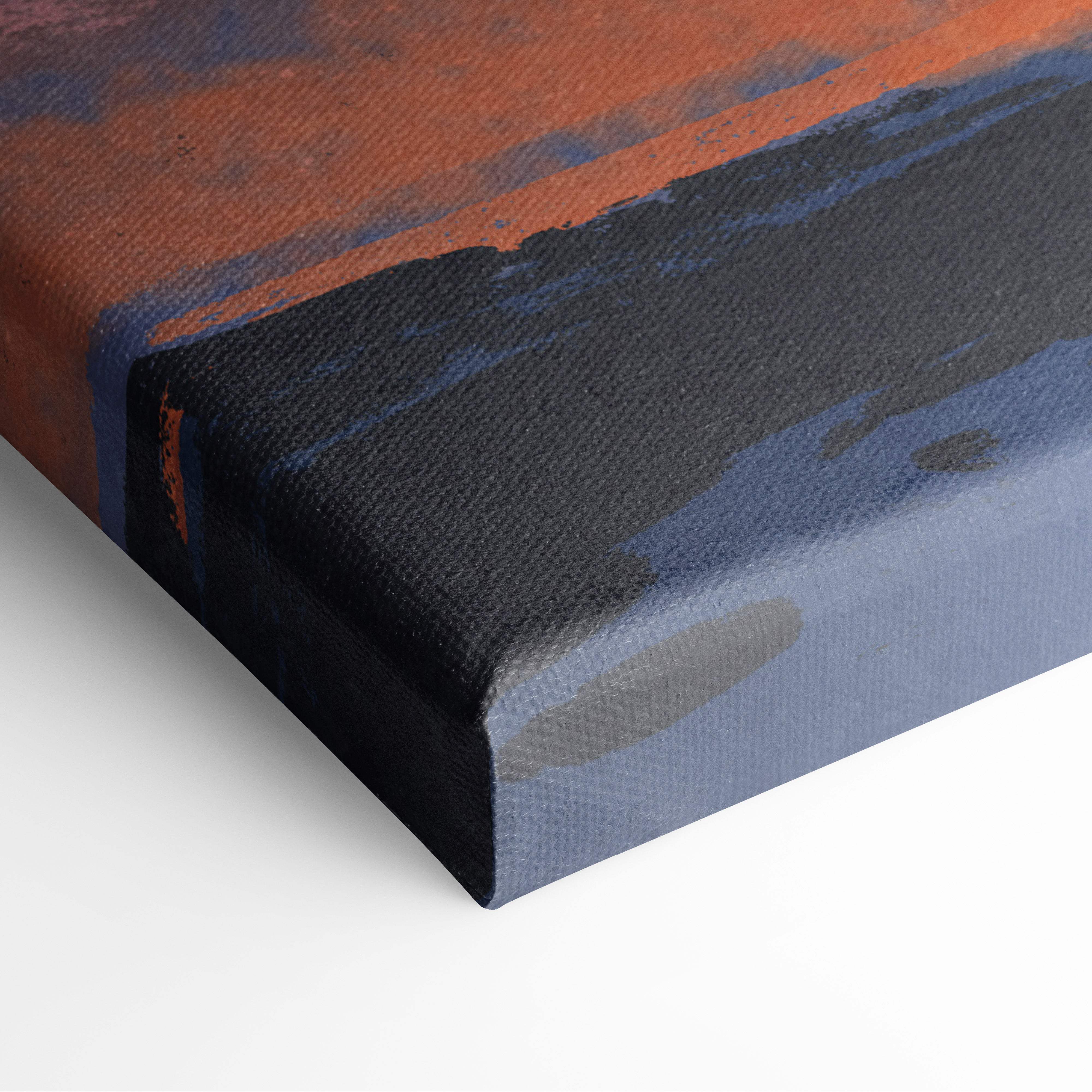 Western sunset rider canvas wall art with textured brushstrokes in navy burnt orange and muted gray desert sky colors