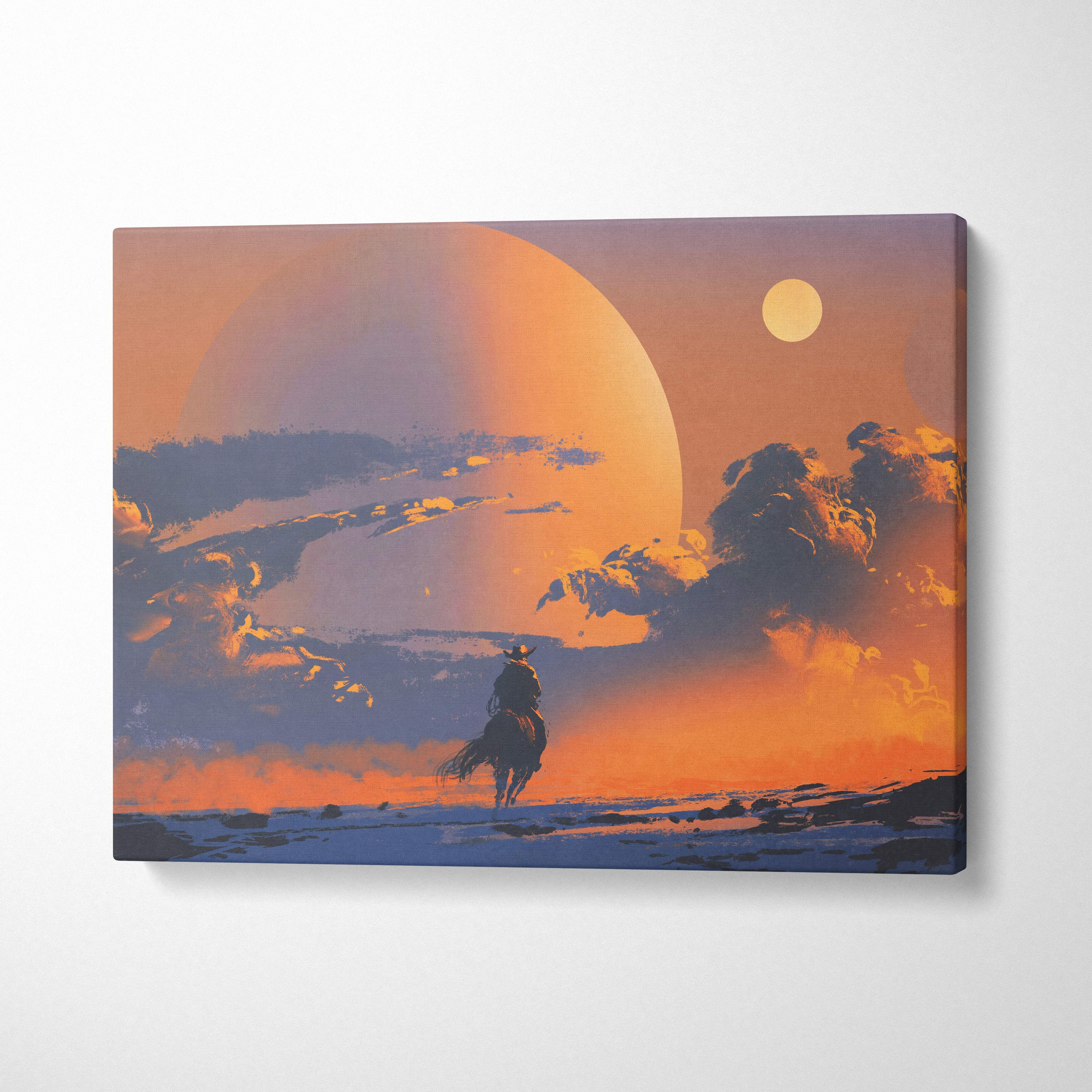 Western sunset rider canvas wall art featuring a lone cowboy silhouette against a surreal orange and blue desert sky