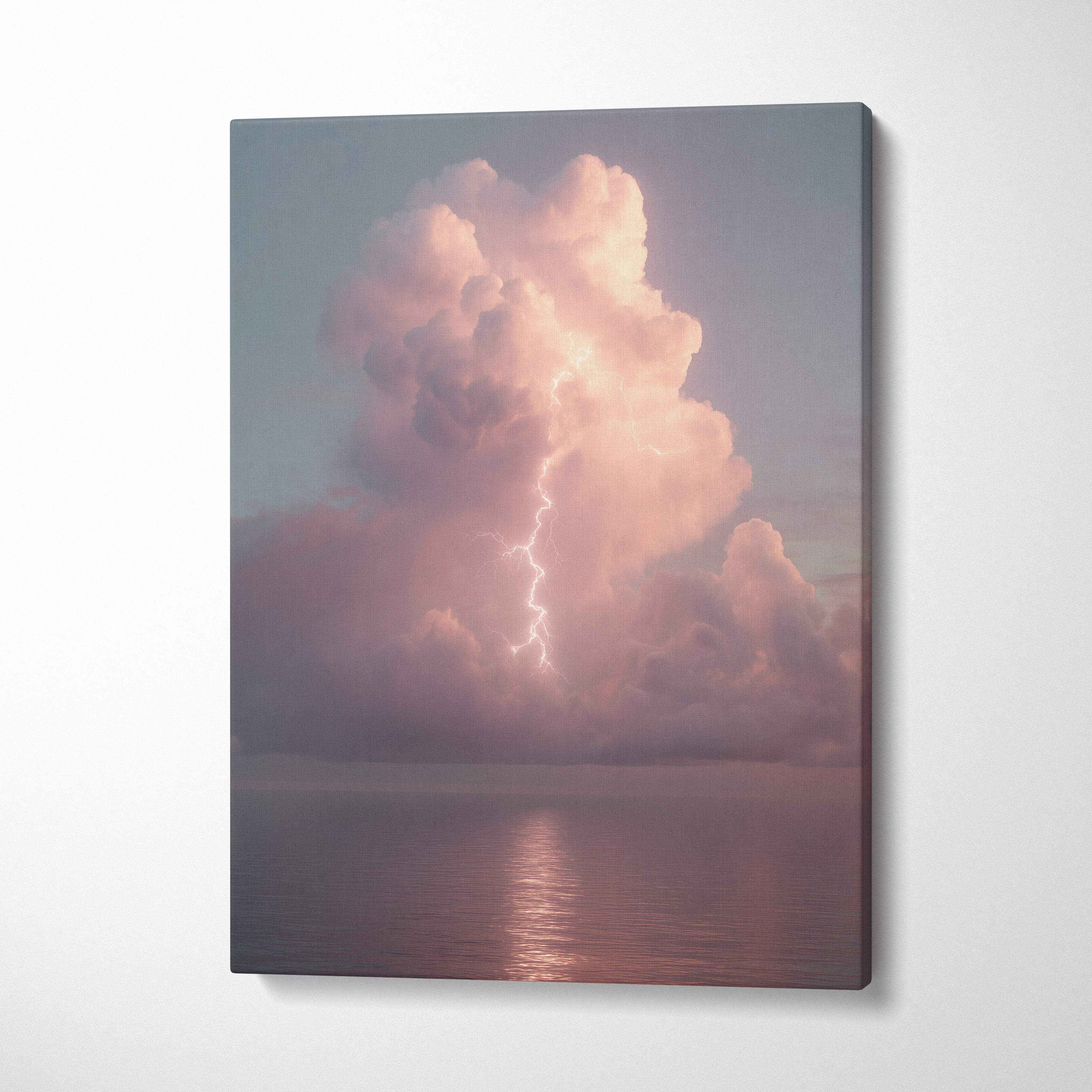 A canvas print of a dramatic lightning strike illuminating pink and gray clouds over calm ocean water for coastal decor