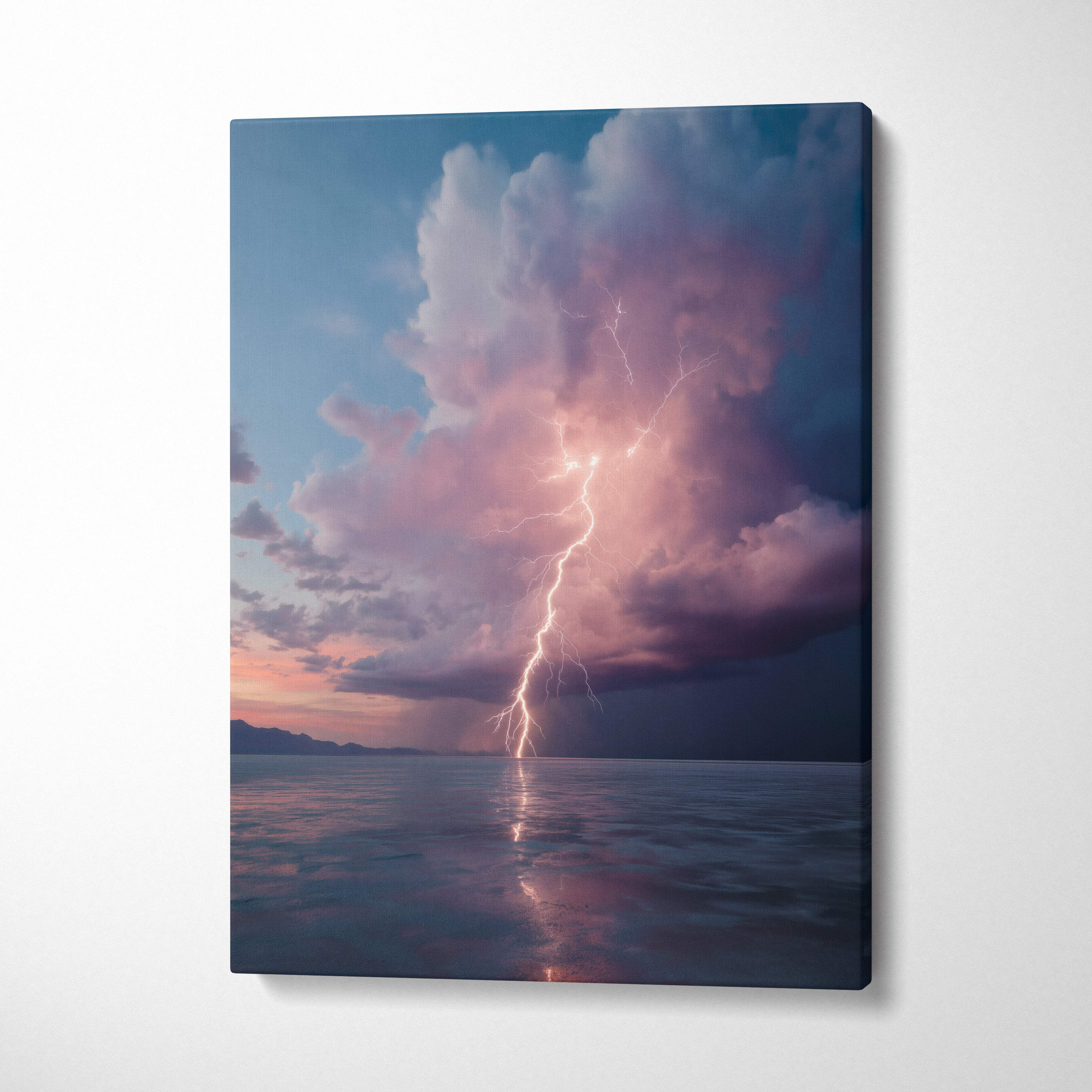 A rectangular canvas print of a lightning strike over calm ocean water with pink and purple clouds at sunset