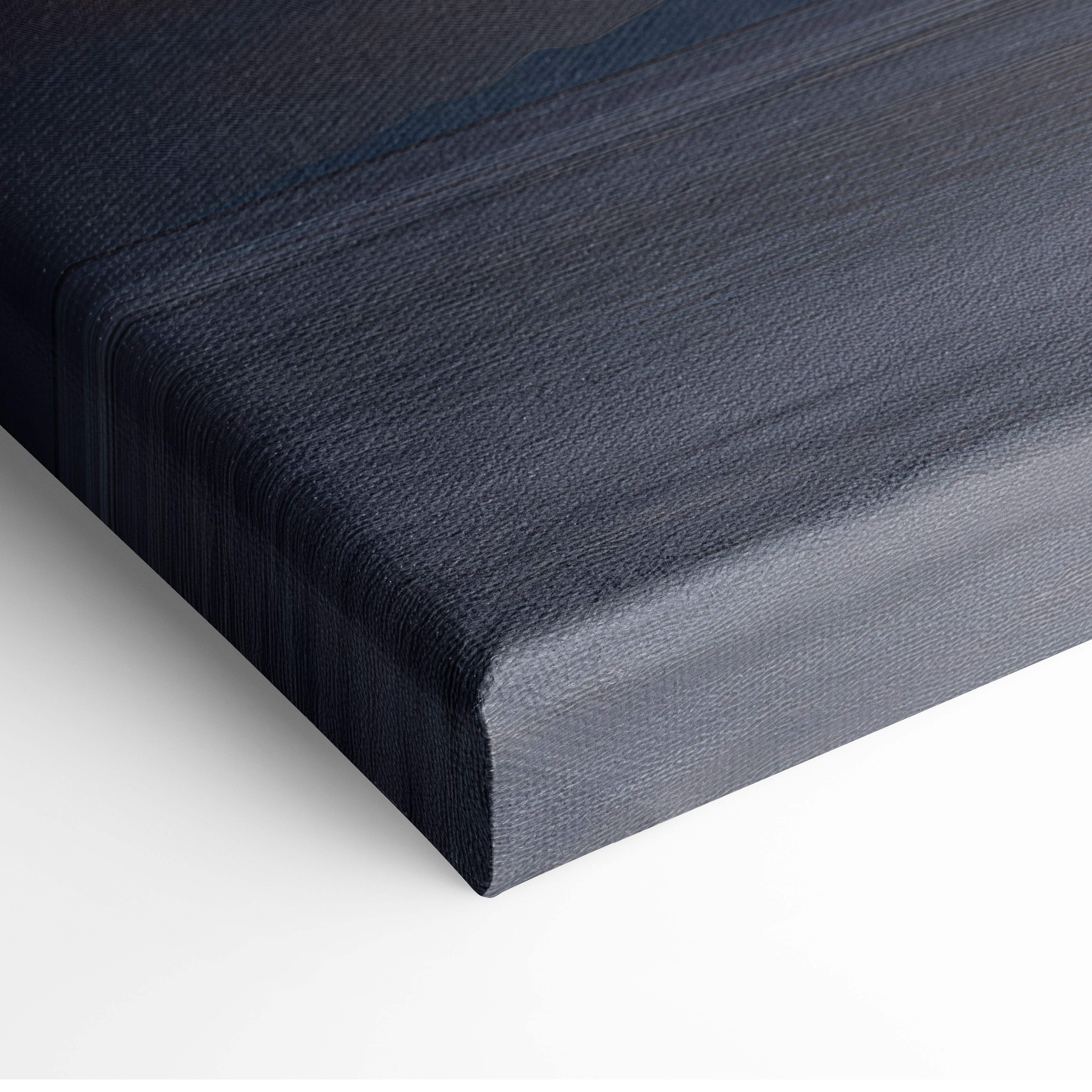Dark gray canvas with textured fabric surface and visible stitching of lightning storm over calm ocean wall art