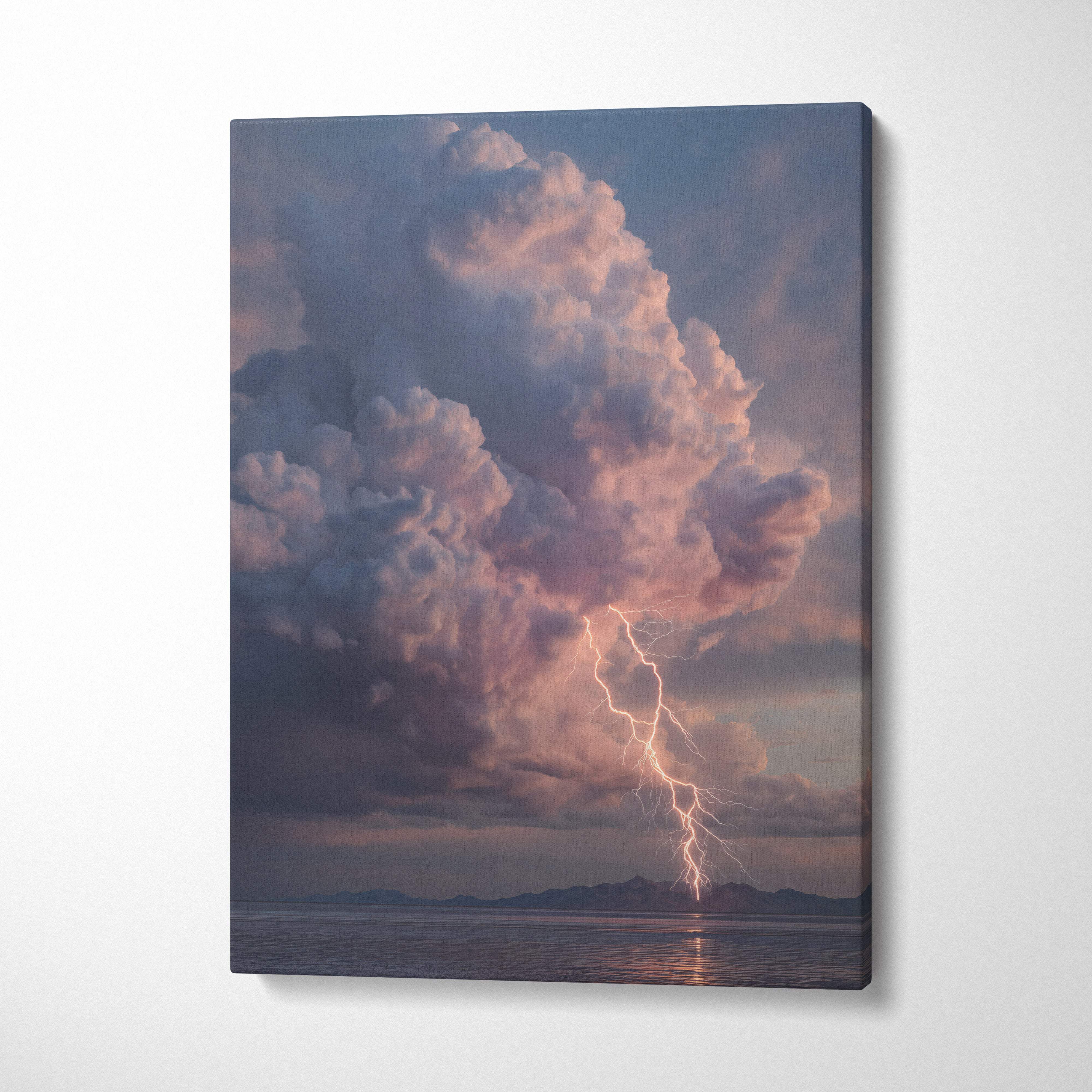 Lightning storm over calm ocean canvas wall art featuring dramatic pink and gray clouds with lightning above water