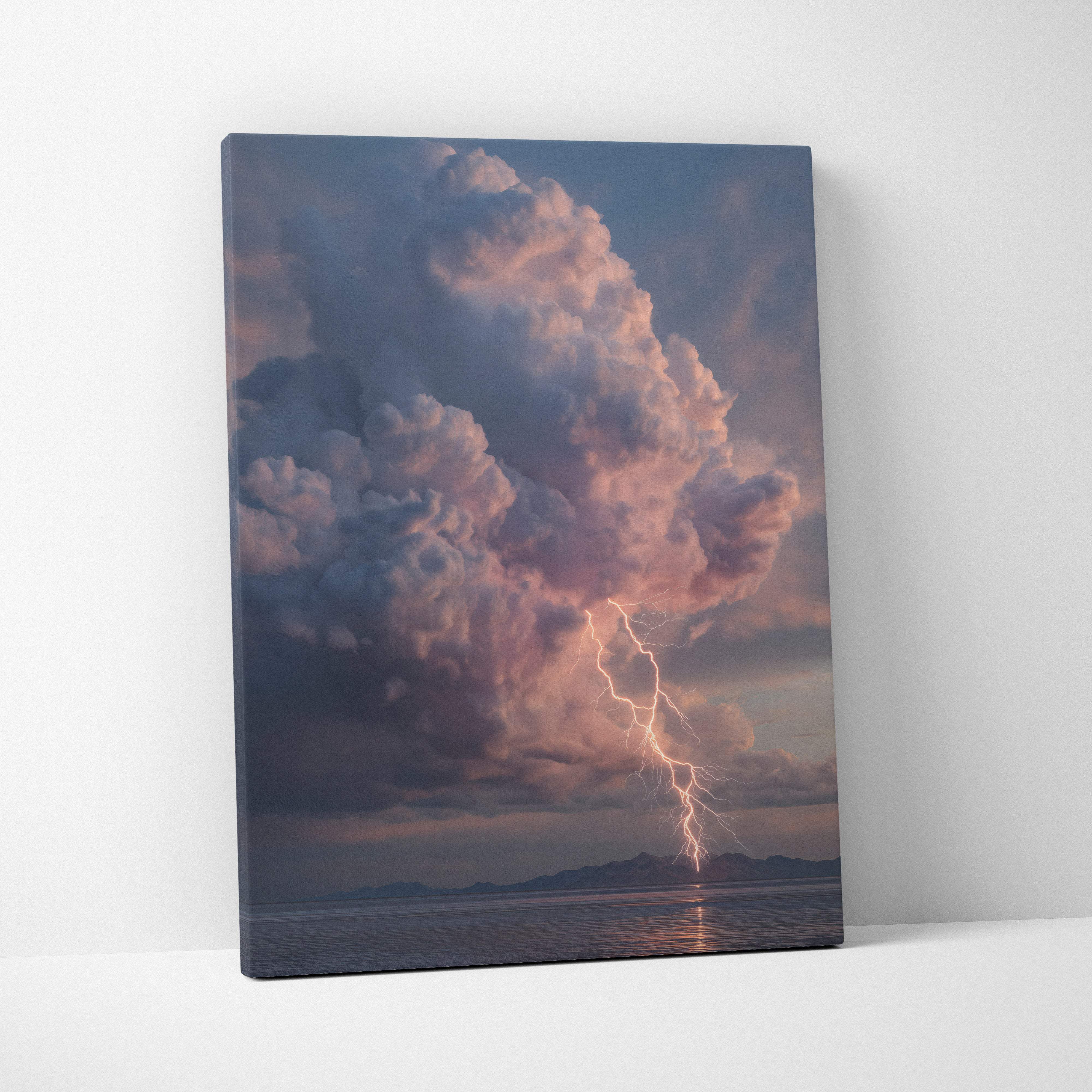 Canvas print of a dramatic lightning storm with pink and gray clouds over a calm ocean horizon for coastal decor