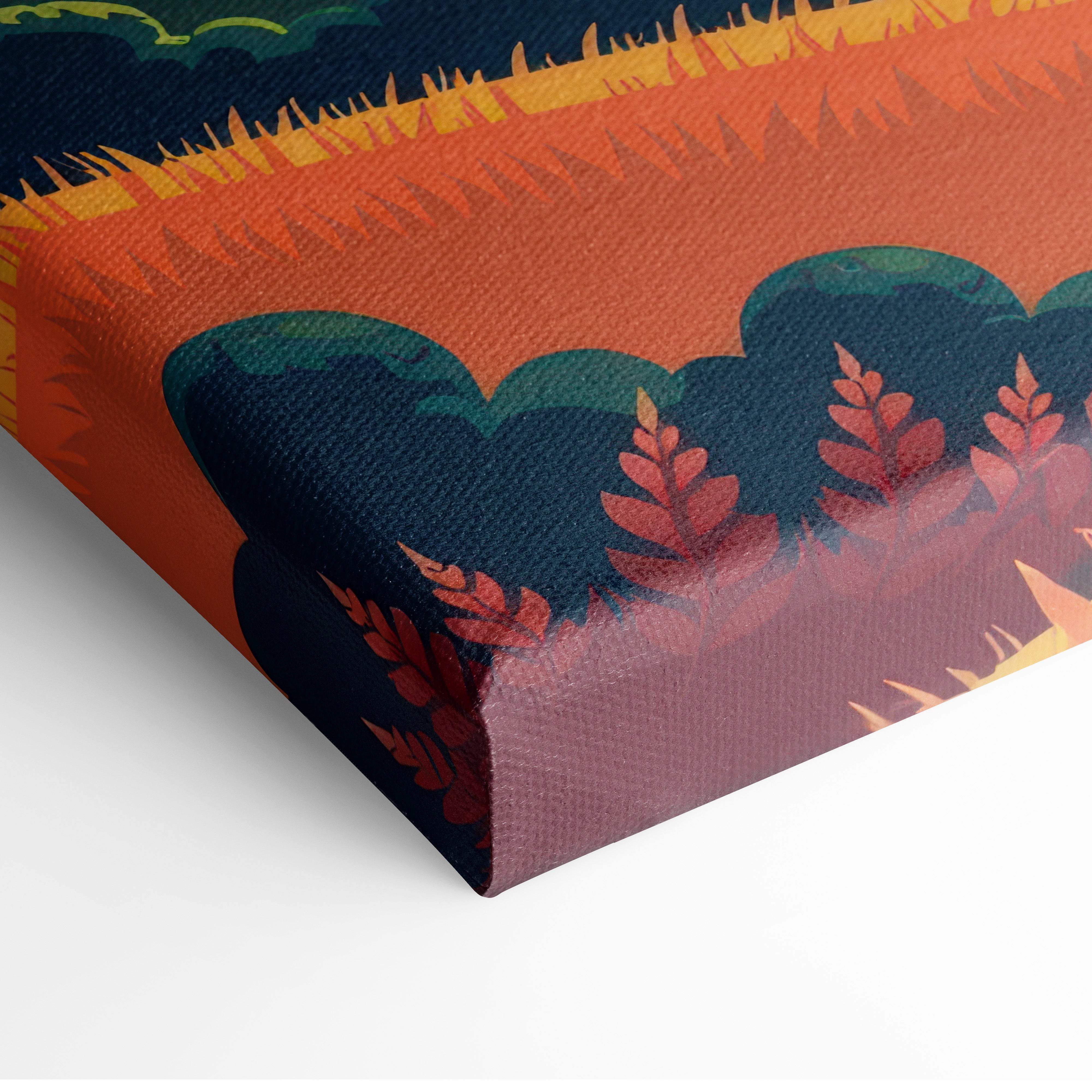 Vibrant canvas print of stylized autumn foliage in orange red and teal against a warm sunset sky for modern wall decor