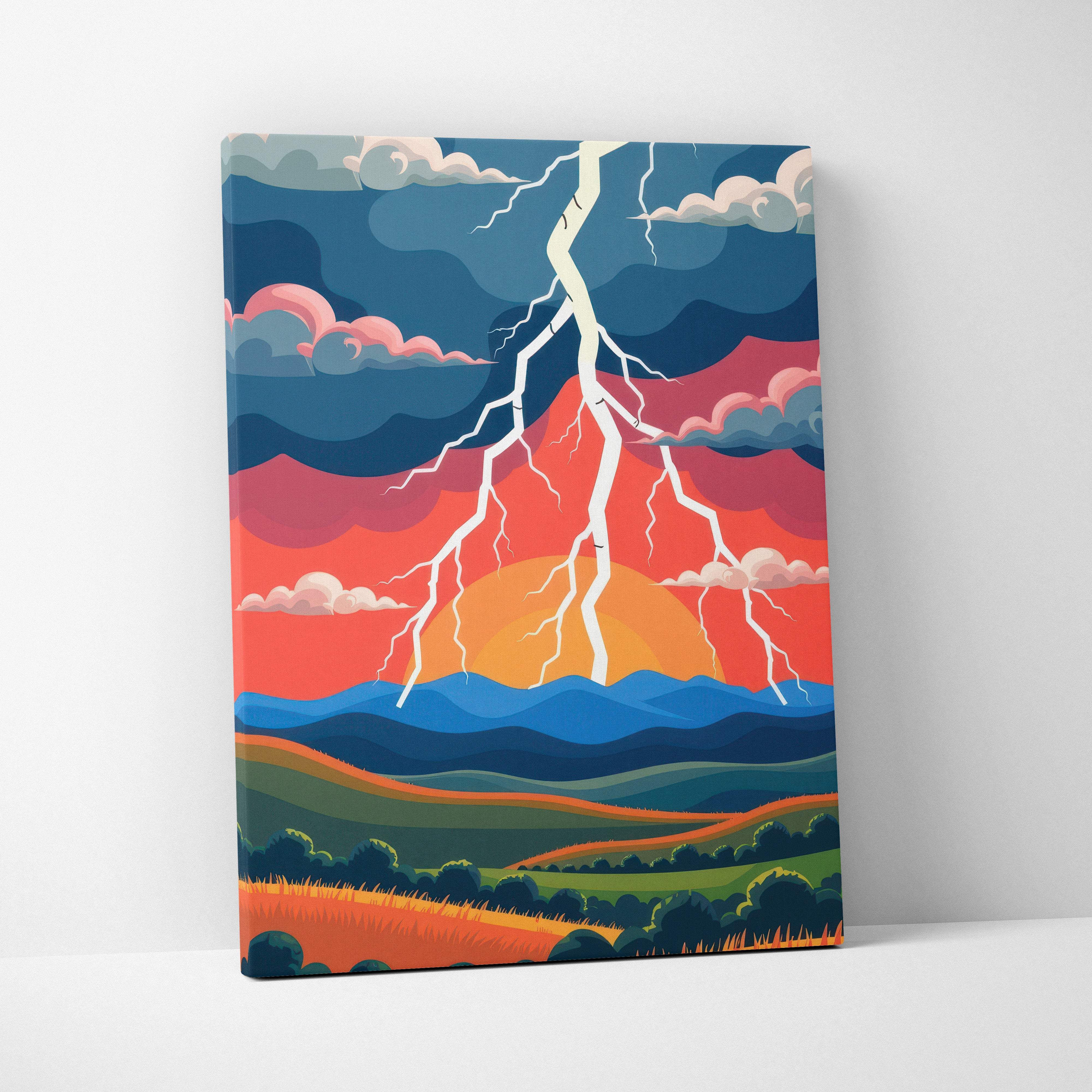 Vibrant canvas print of a dramatic lightning strike over rolling hills at sunset in bold reds and deep blues for modern decor