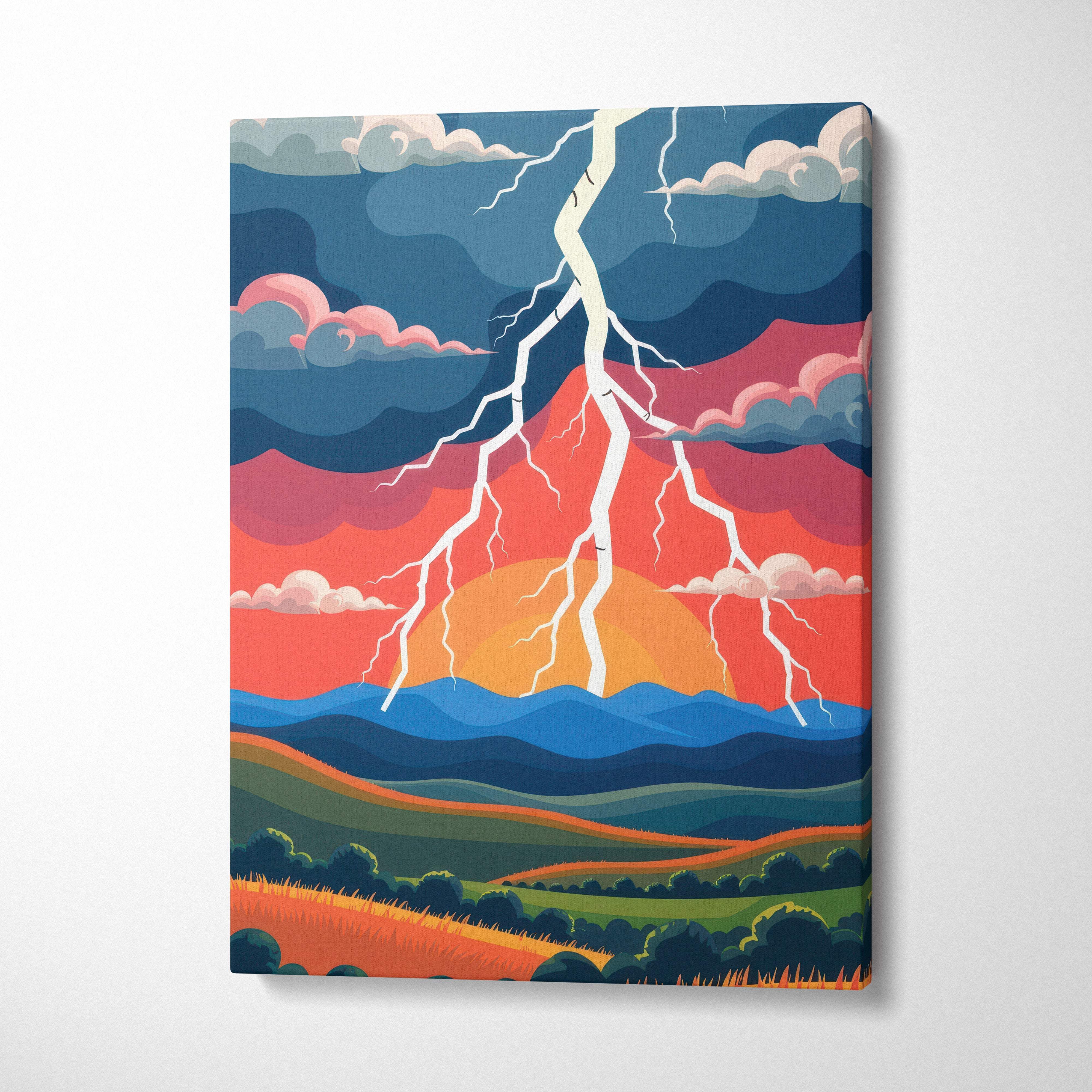 Vibrant canvas print of a stylized lightning storm over rolling hills at sunset in bold reds oranges and deep blues