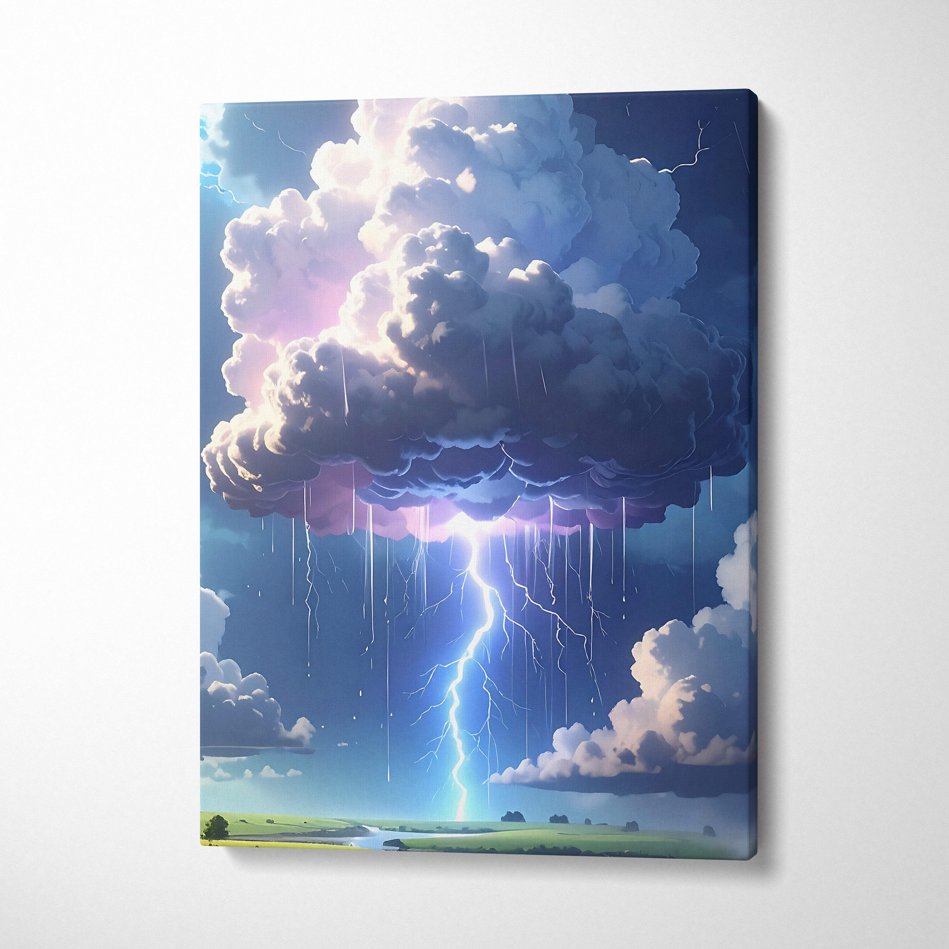 A vibrant canvas print of glowing purple and white clouds with vivid lightning over a green landscape for modern decor