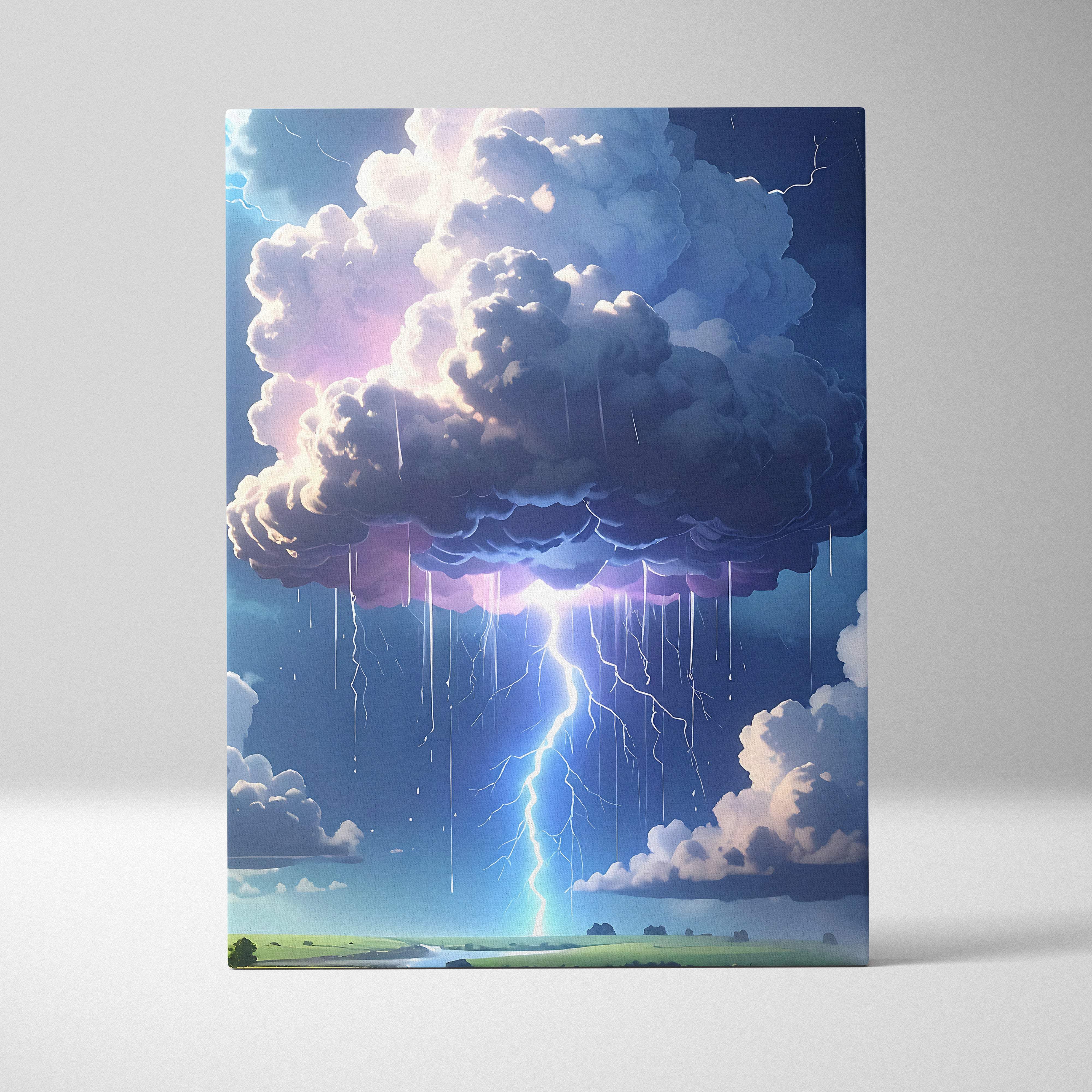 Vibrant storm scene canvas print featuring a dramatic lightning bolt through purple blue and white clouds for home decor