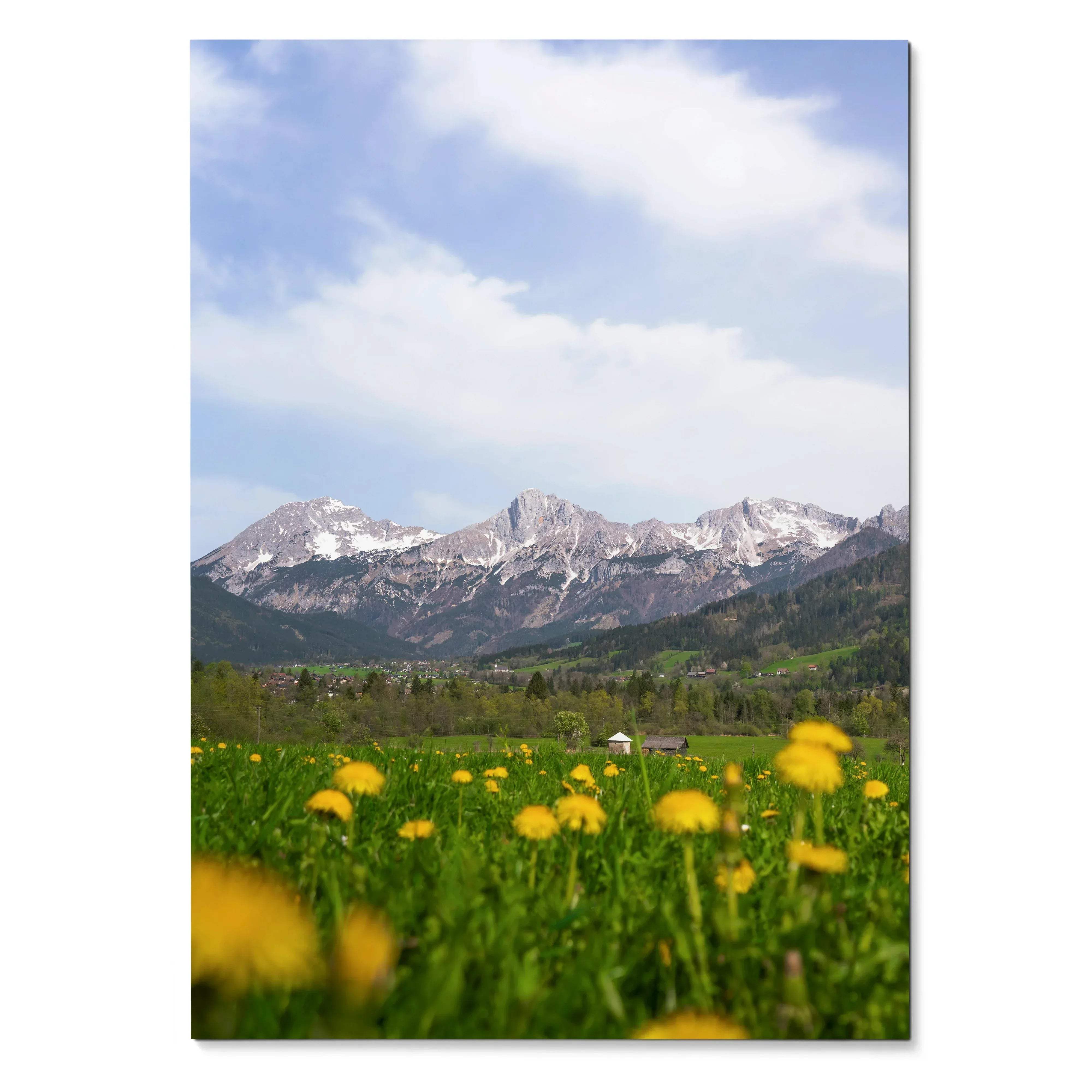 Vertical poster wall art featuring a mountain range under a blue sky with wildflowers in the foreground.