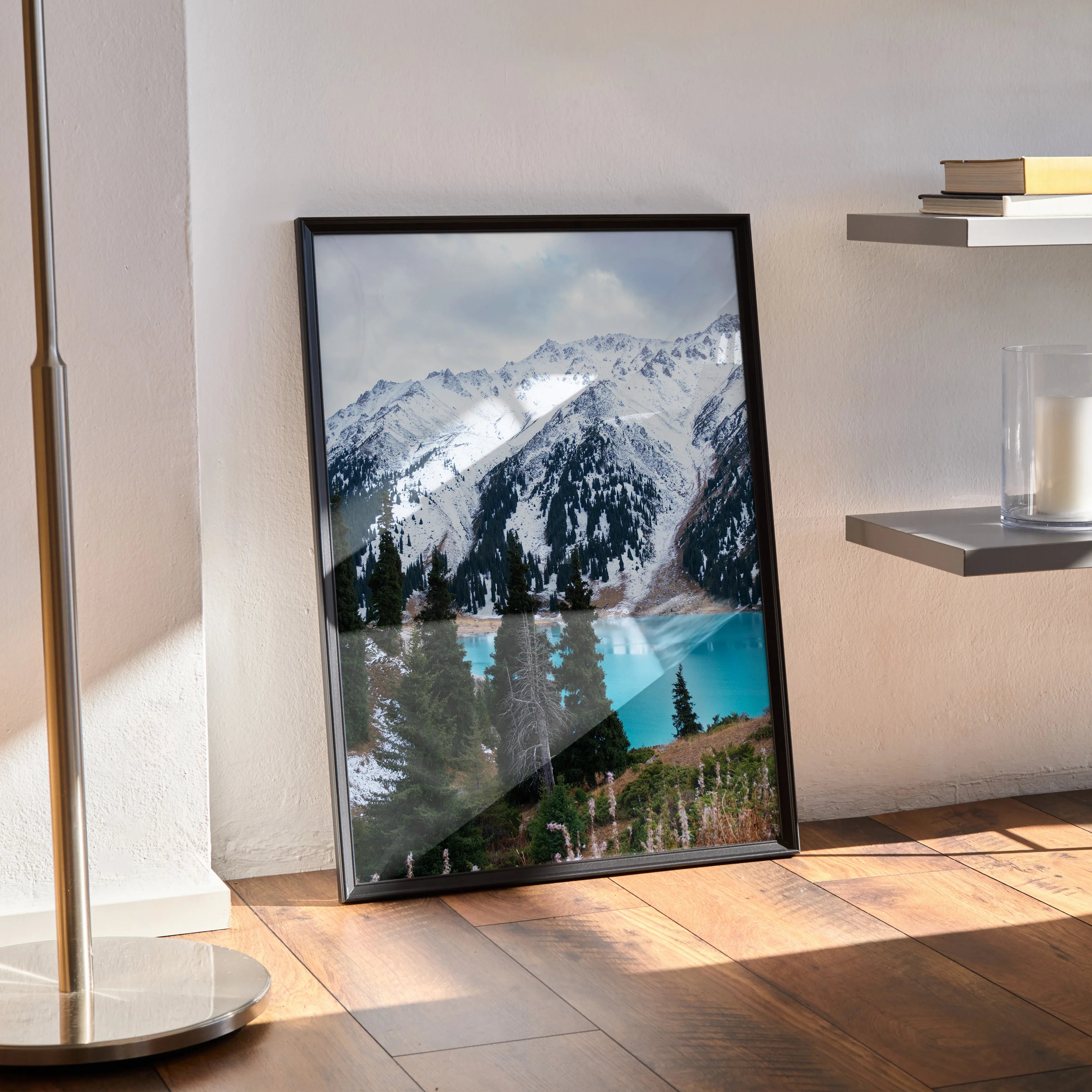 Vertical poster featuring snow-capped mountains and turquoise lake, framed wall art with nature scenery.