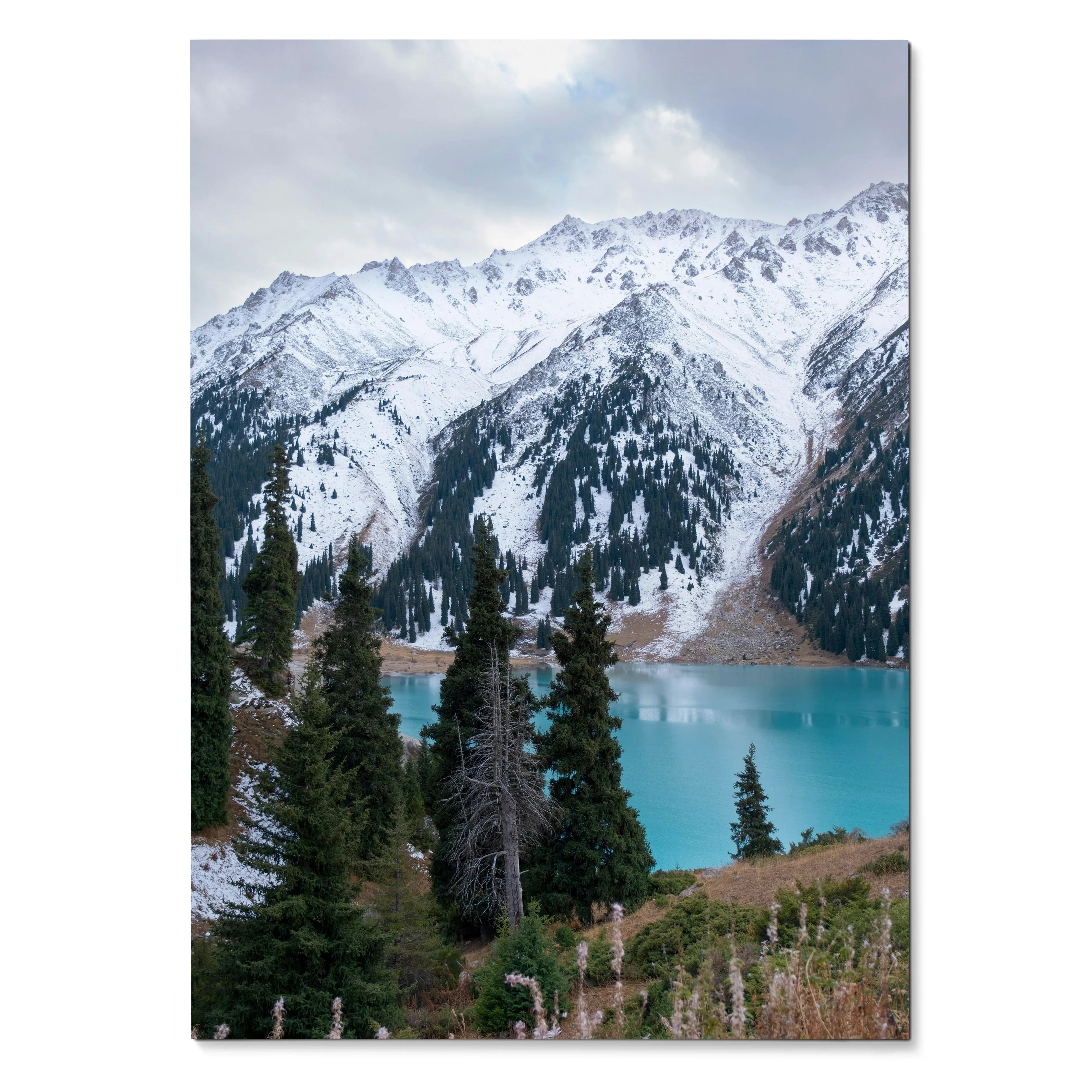 Vertical poster of snow-capped mountains with pine trees and turquoise lake nature wall art.