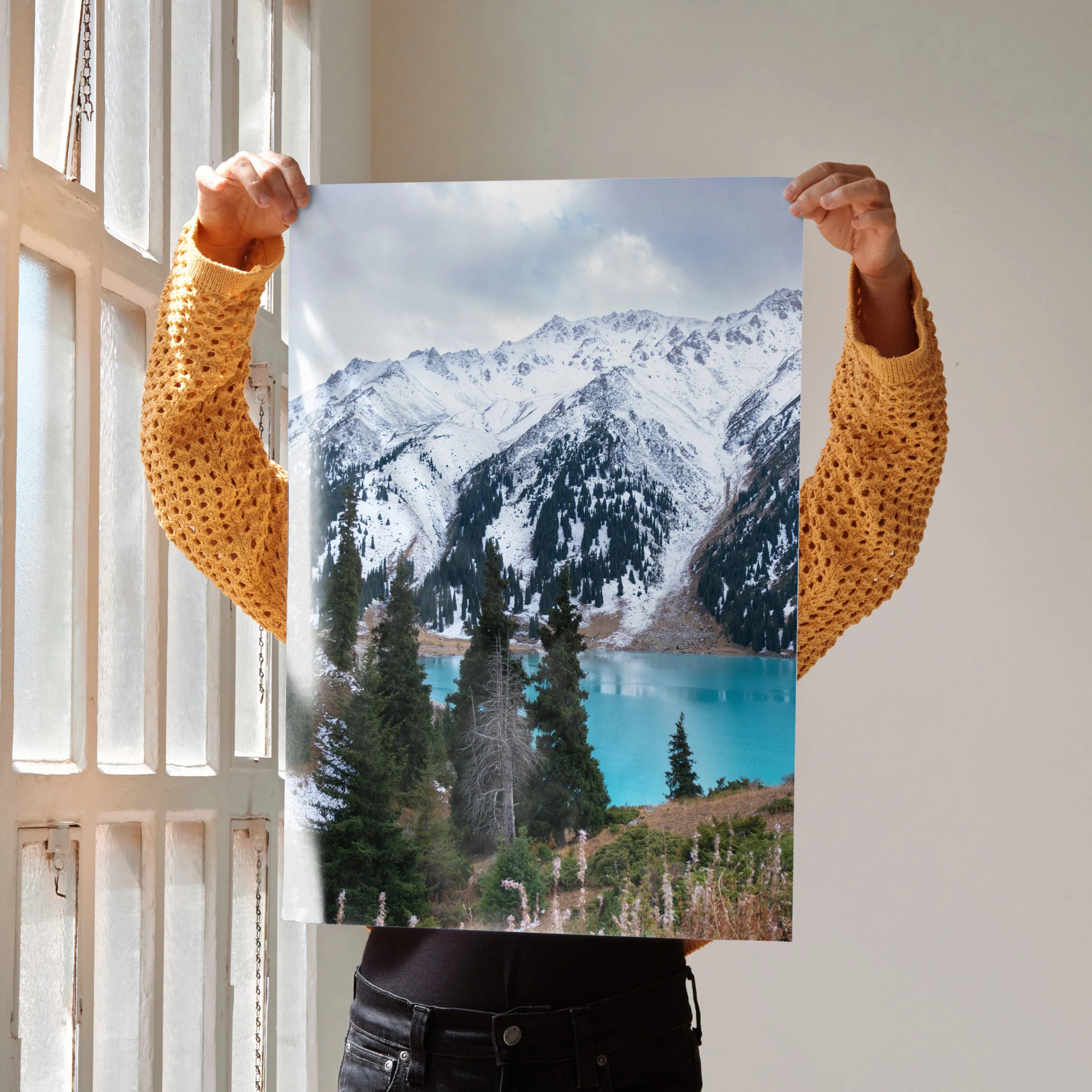 Vertical poster of majestic snow-capped mountains with blue lake and evergreen trees wall art.