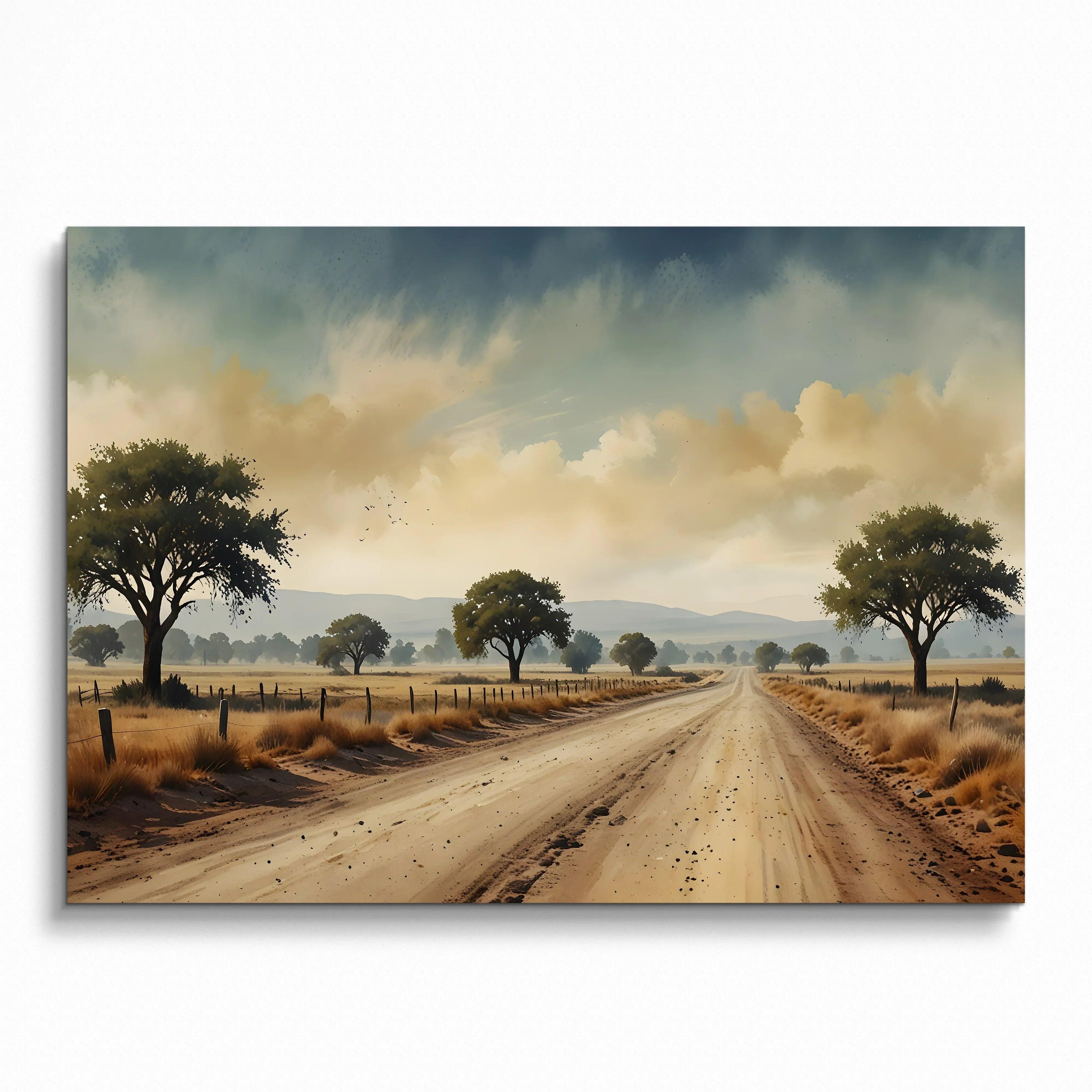 Watercolor nature landscape poster featuring a dirt road flanked by trees under a cloudy sky wall art.