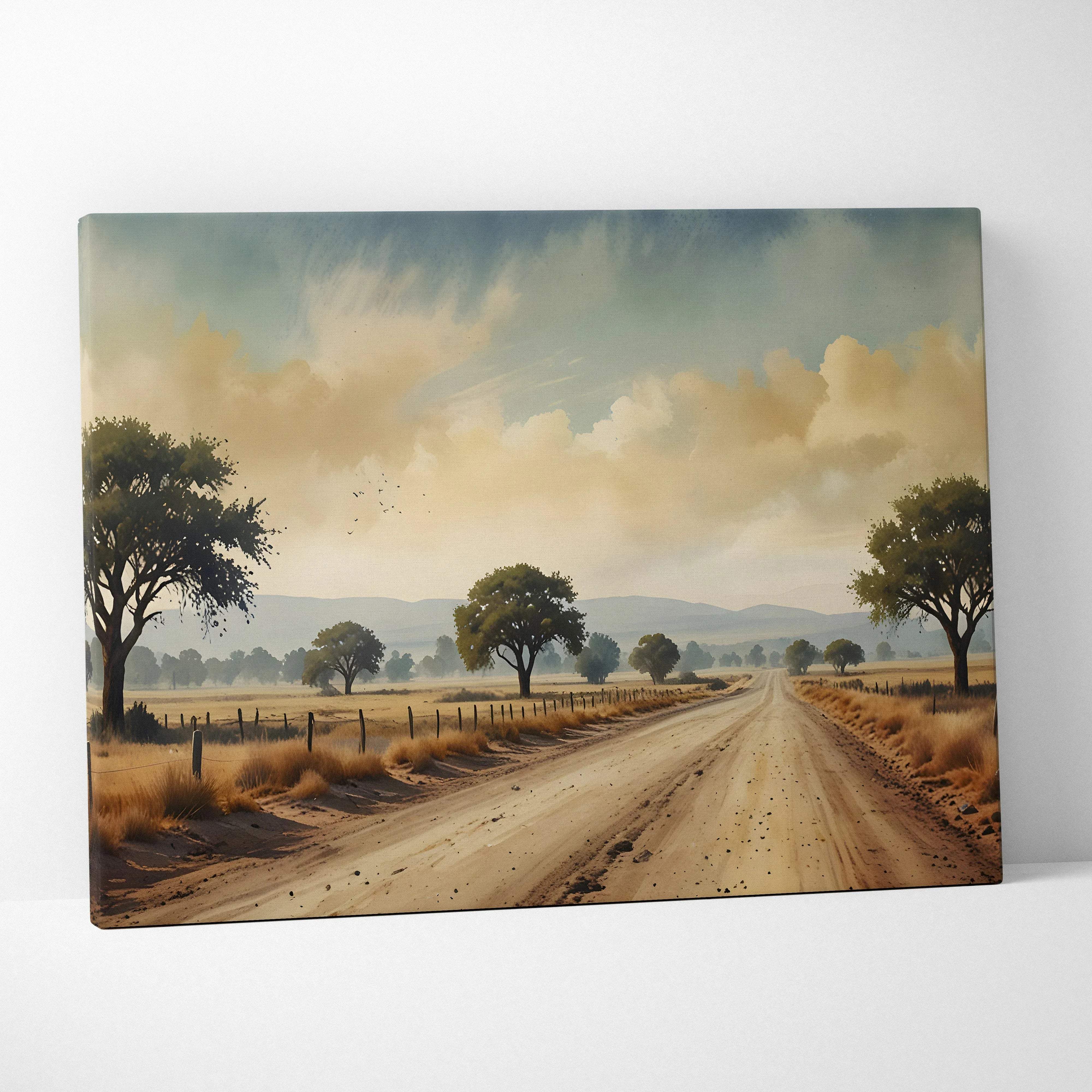 Rectangular canvas wall art of a pastoral landscape with a countryside road trees and golden fields in warm golden hour light