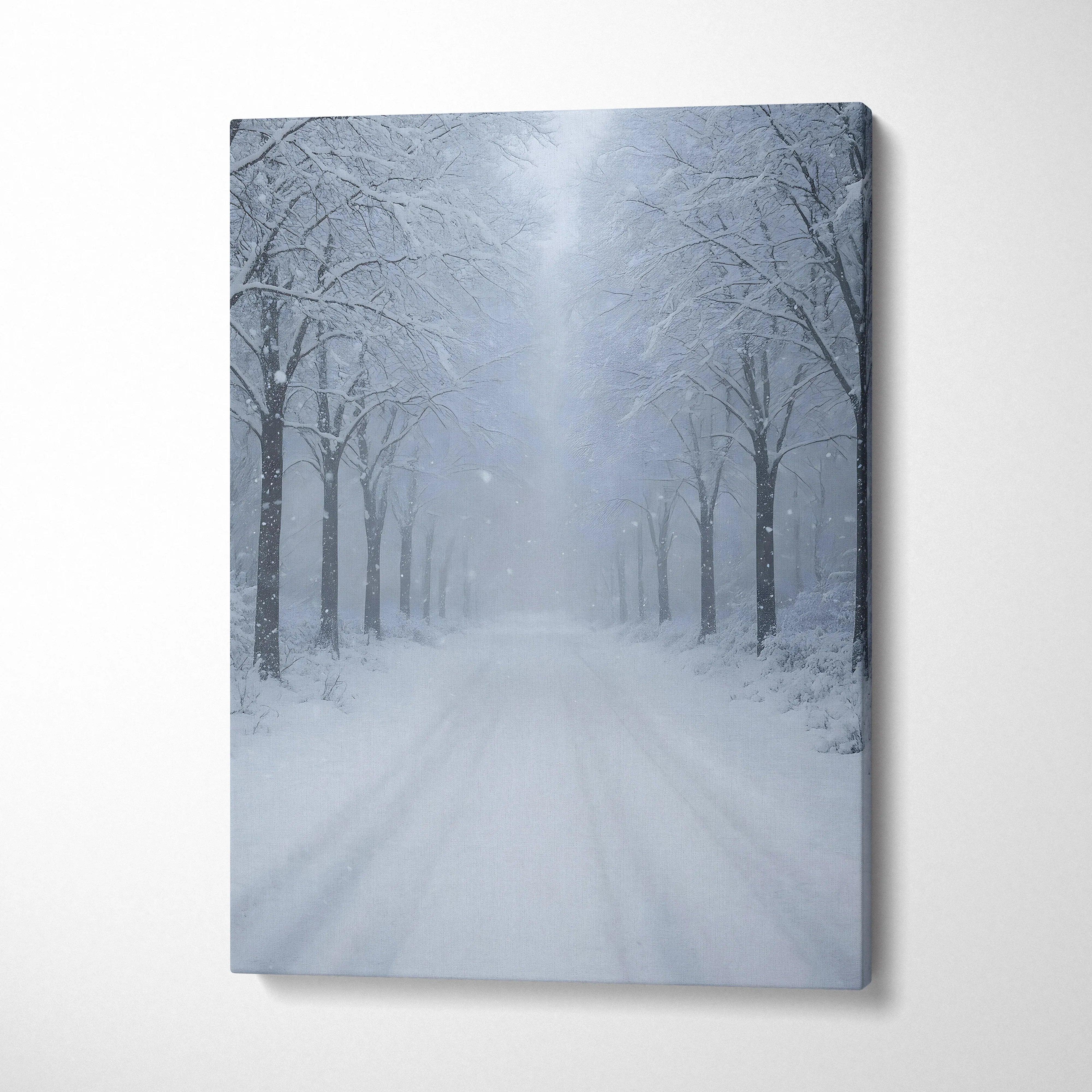 Canvas wall art of a snowy landscape with frosted trees lining a snow-covered road in soft blue tones.