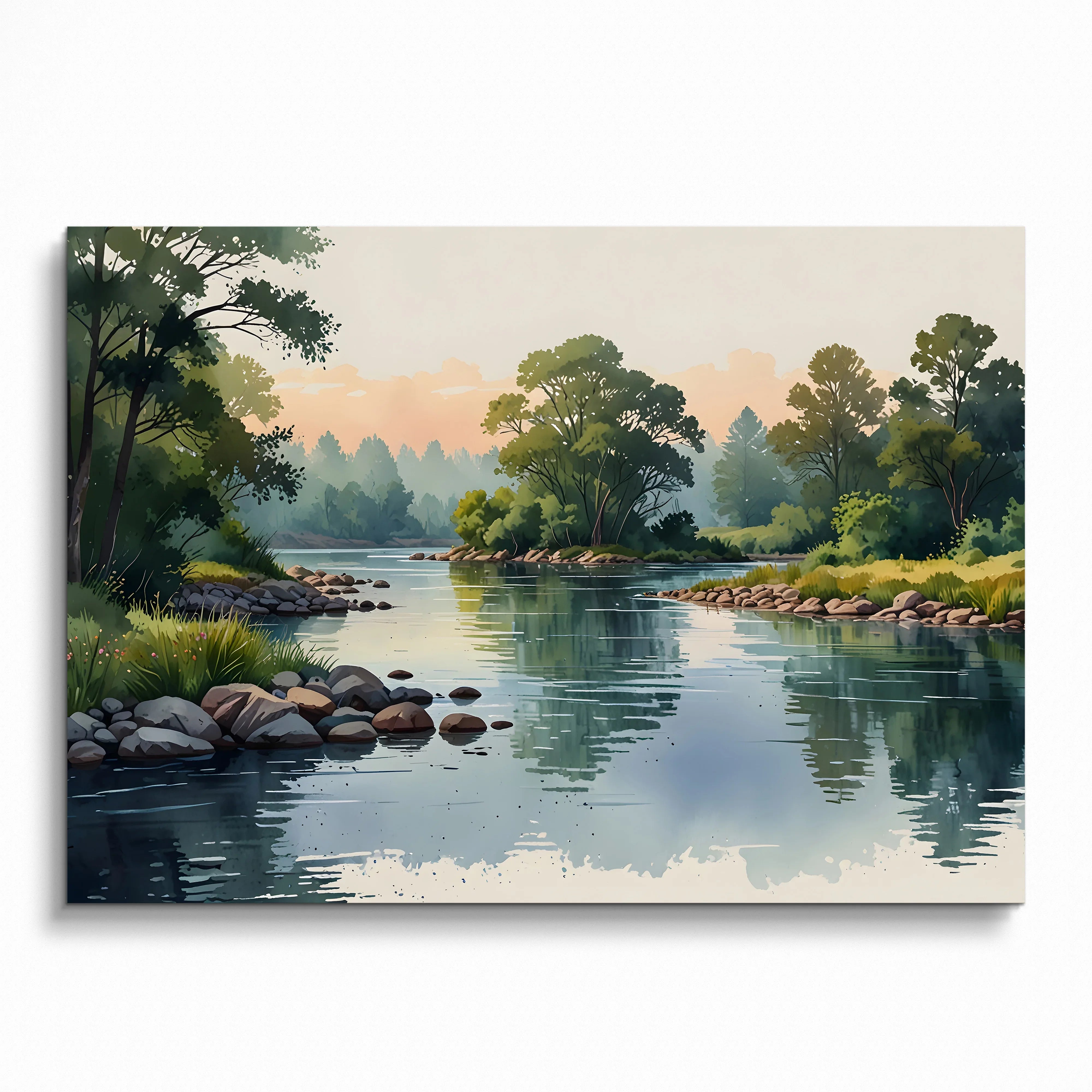 Serene watercolor nature landscape poster featuring a tranquil river, lush trees, and soft sky, ideal wall art.
