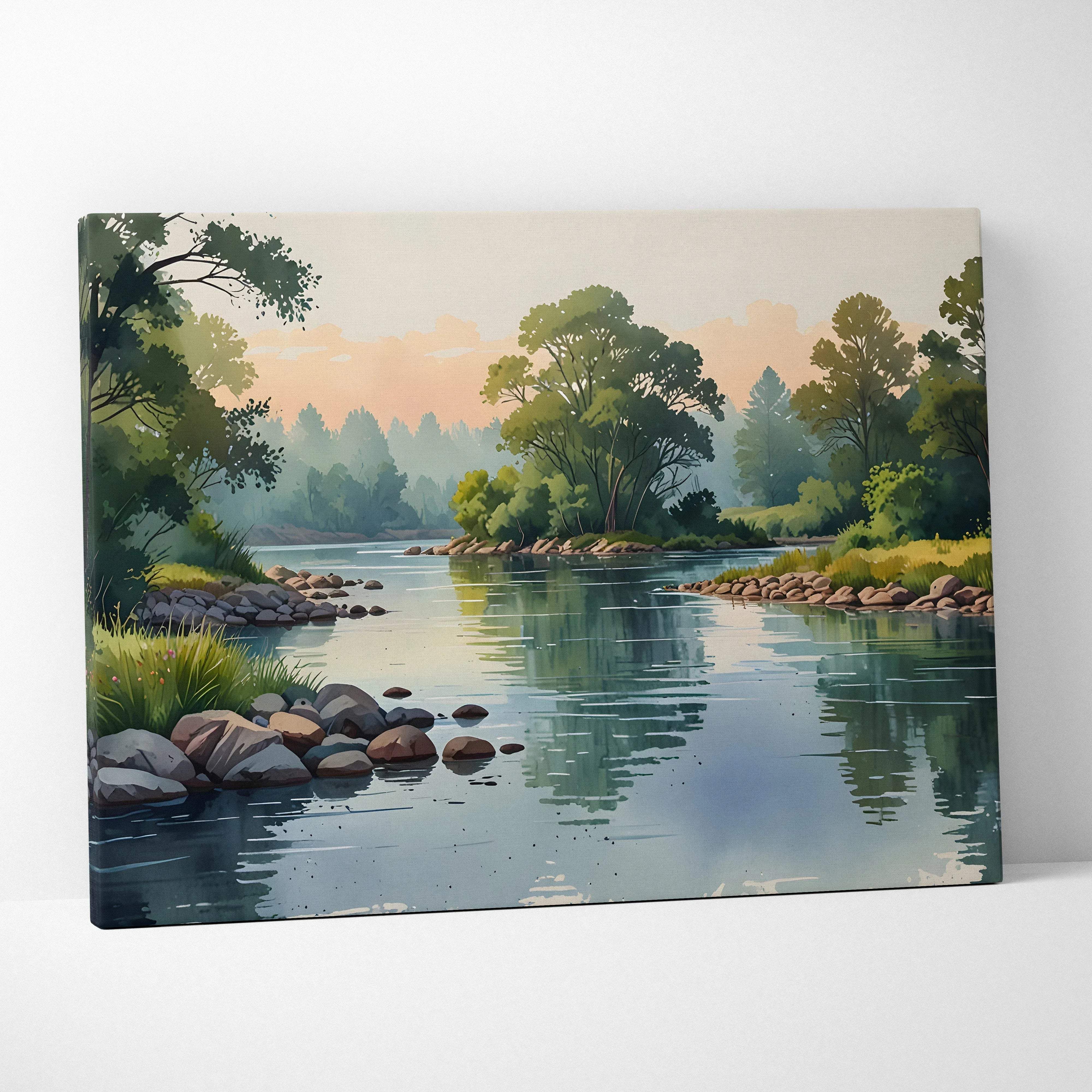 Watercolor river landscape canvas wall art showing serene forest reflections in calm greens and blues under sunrise glow