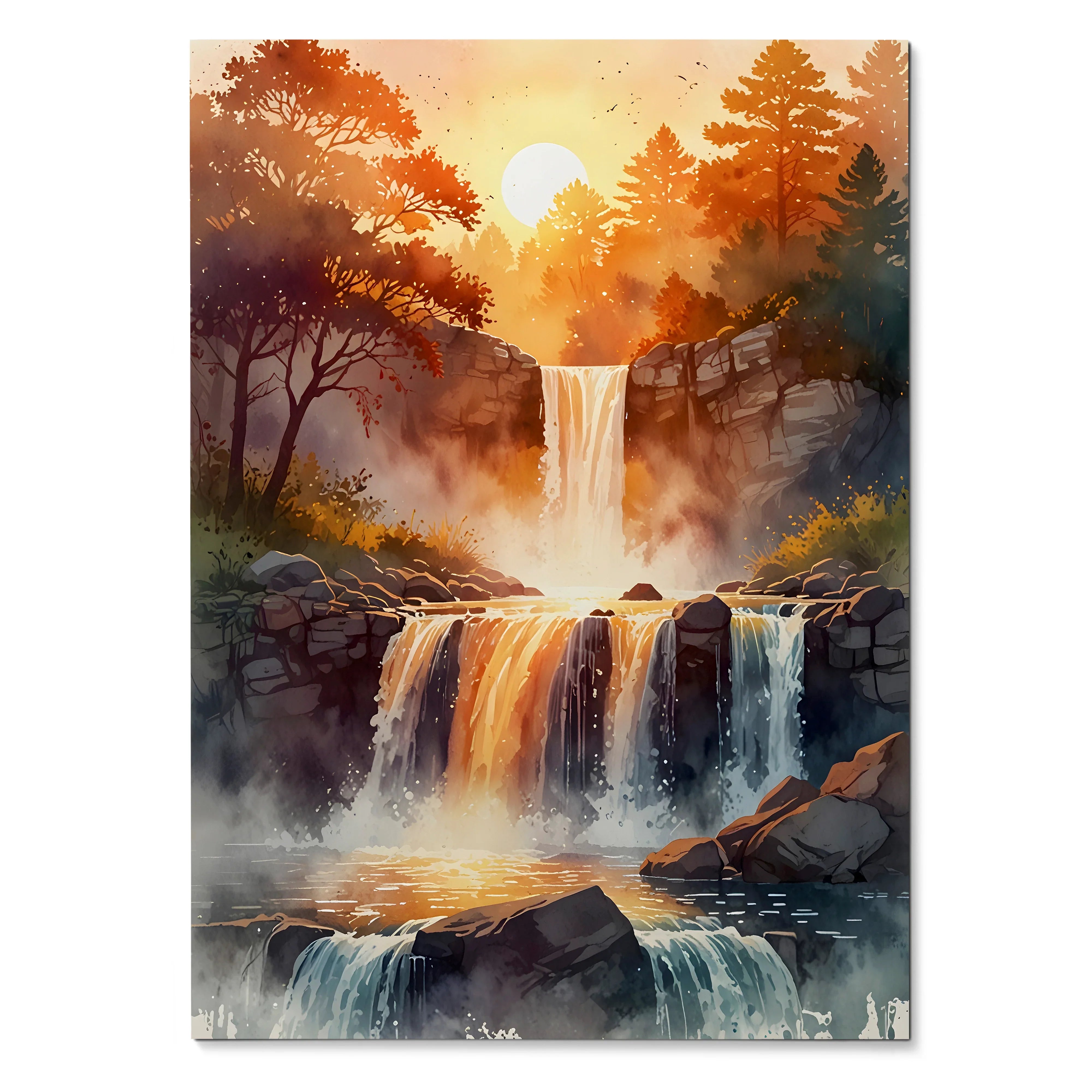 Vertical autumn waterfall nature poster with vibrant watercolor trees and mist wall art.