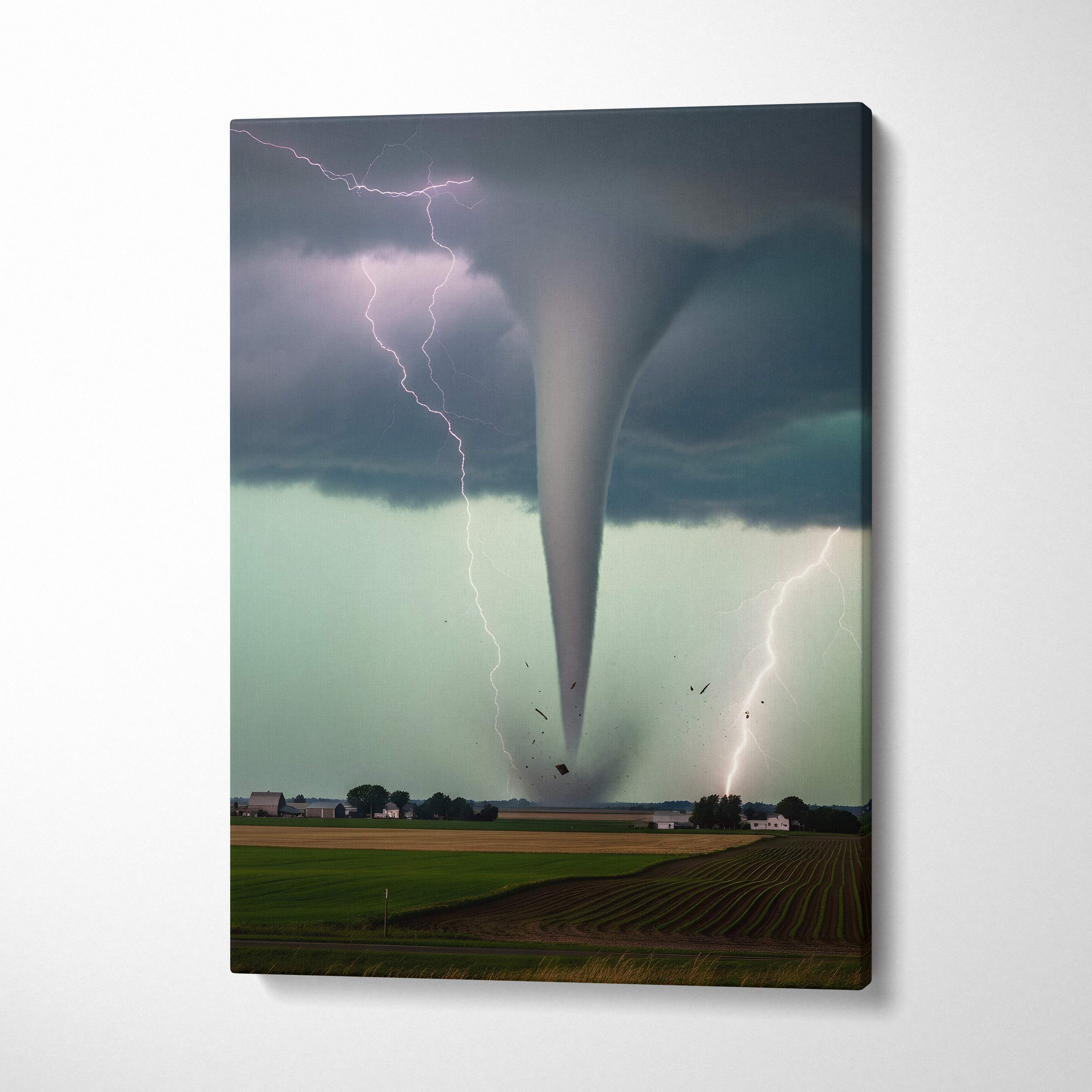 Canvas print of a dramatic tornado with lightning striking dark stormy skies above a rural landscape for wall decor
