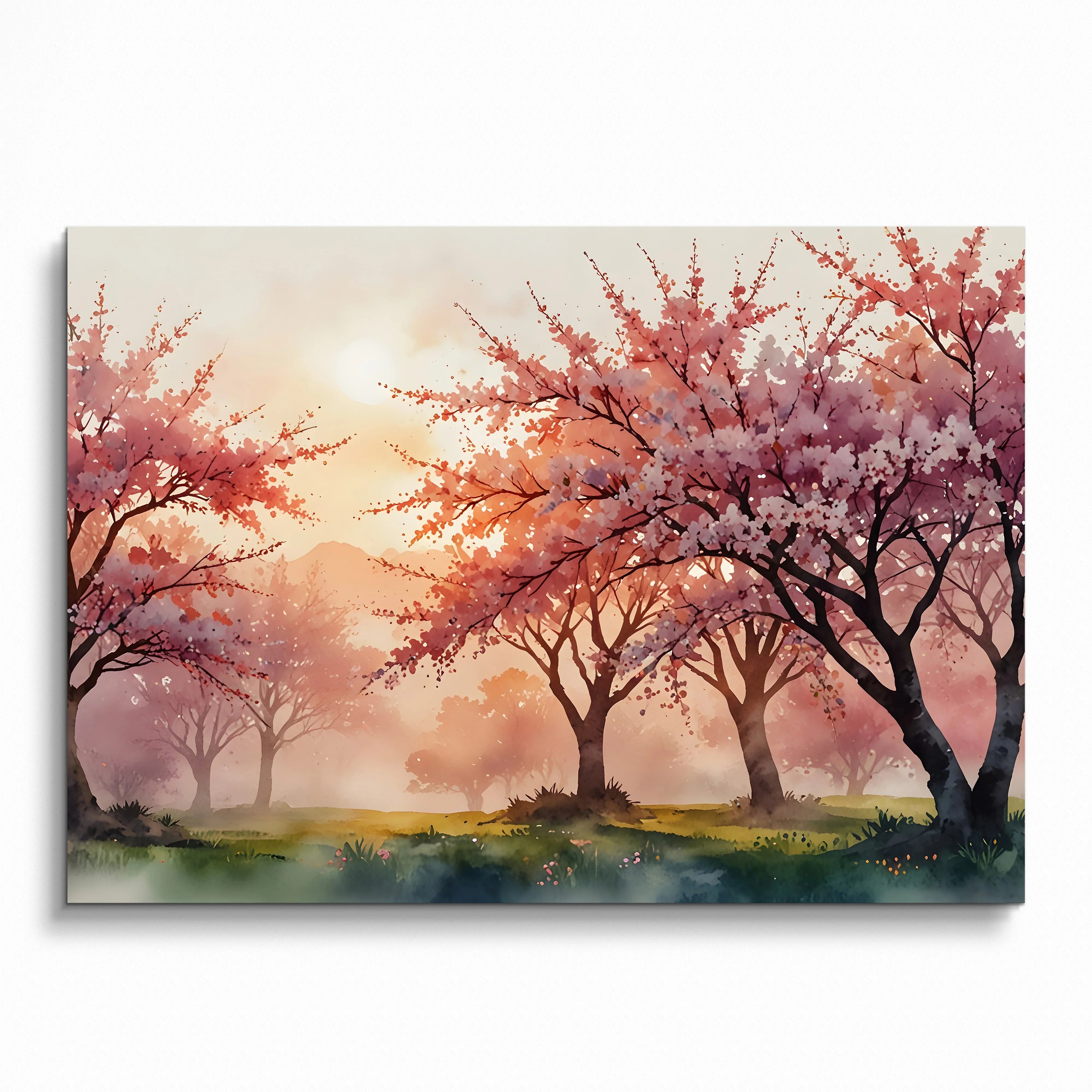 Watercolor poster of vibrant cherry blossom trees at sunset with soft pink and orange hues wall art.