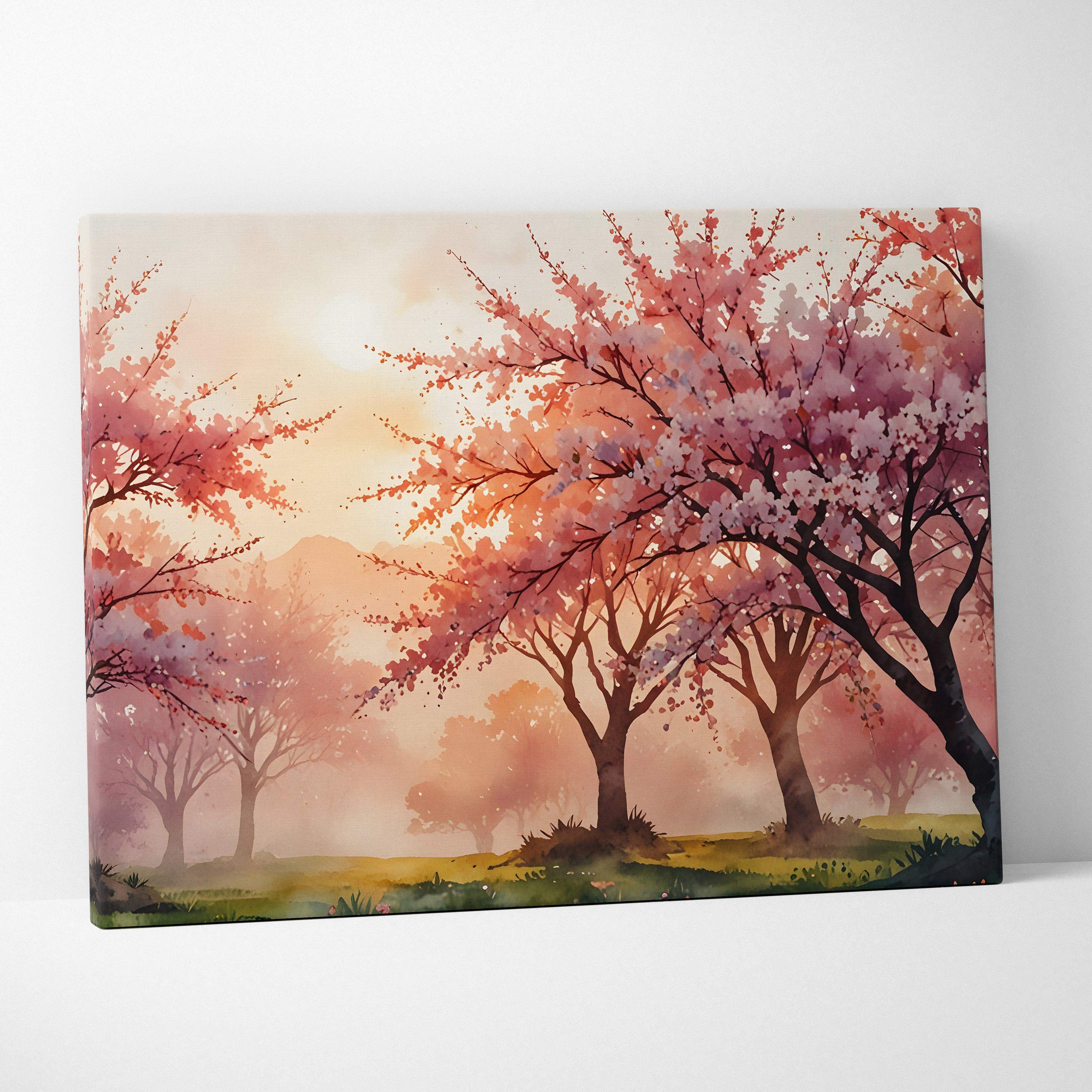 A rectangular canvas print featuring watercolor cherry blossom trees in soft pink and white against a warm sunset