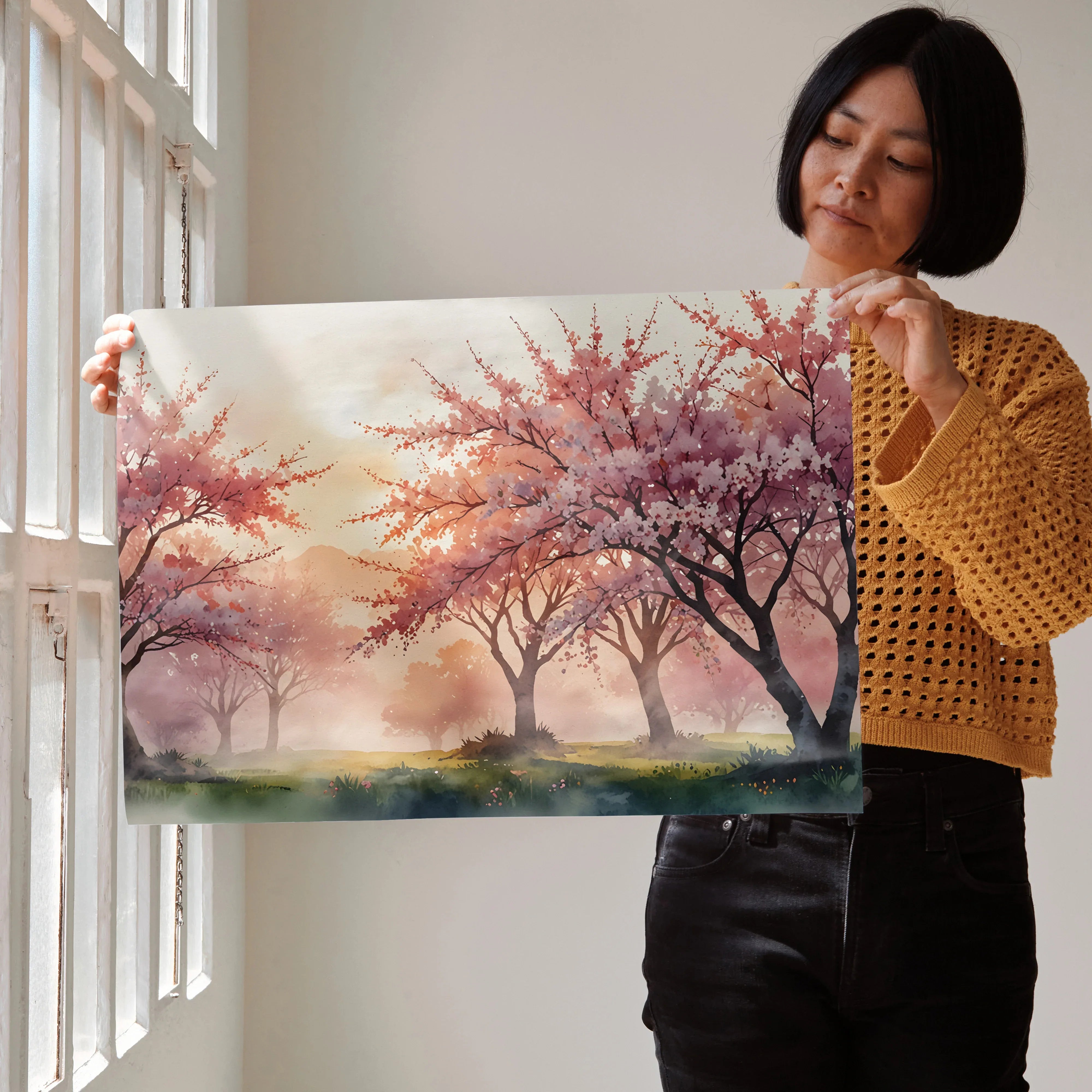 Watercolor poster of cherry blossom trees with a vibrant sunset sky, nature-inspired wall art.