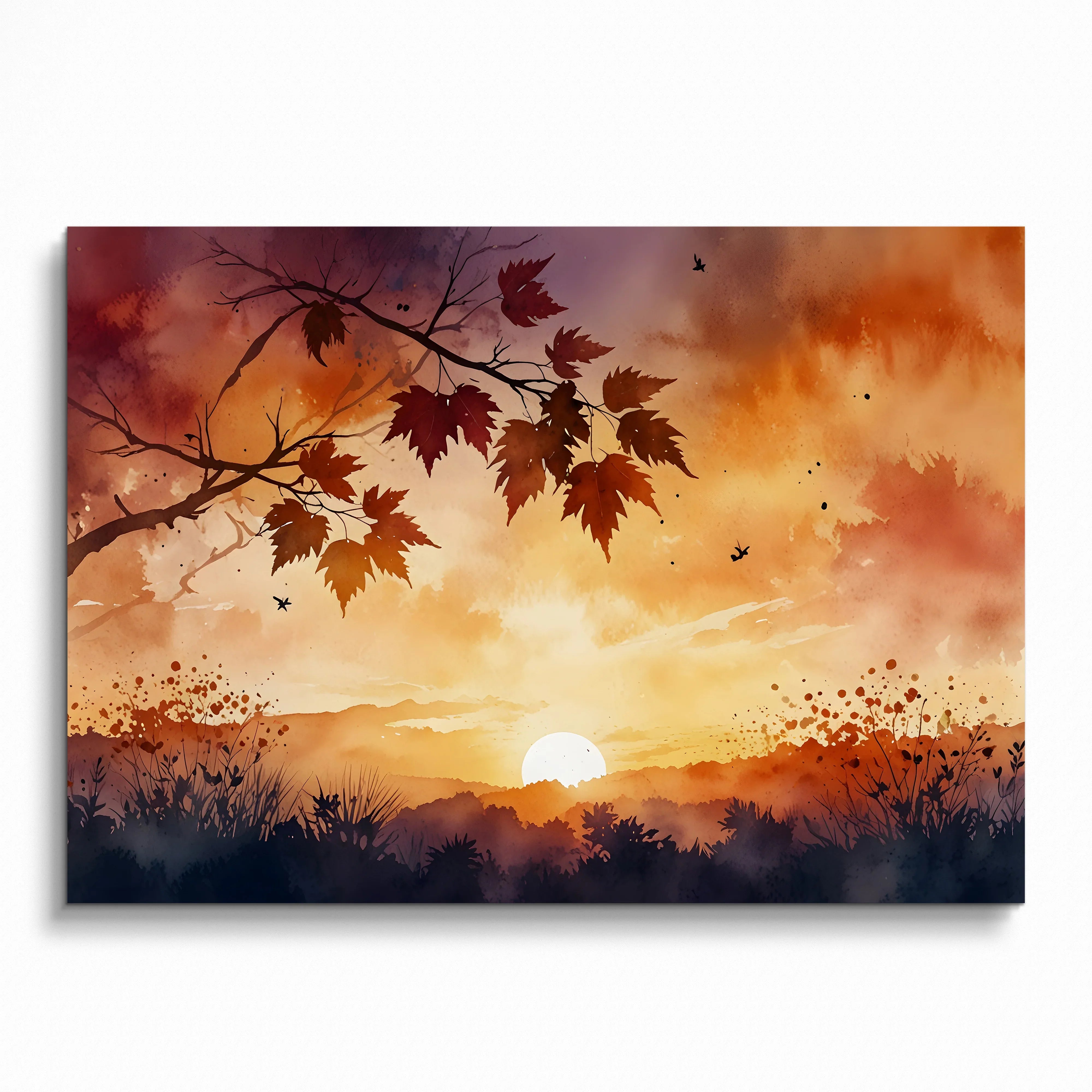 Sunset watercolor nature art poster with warm orange and red tones and silhouetted leaves on branch.
