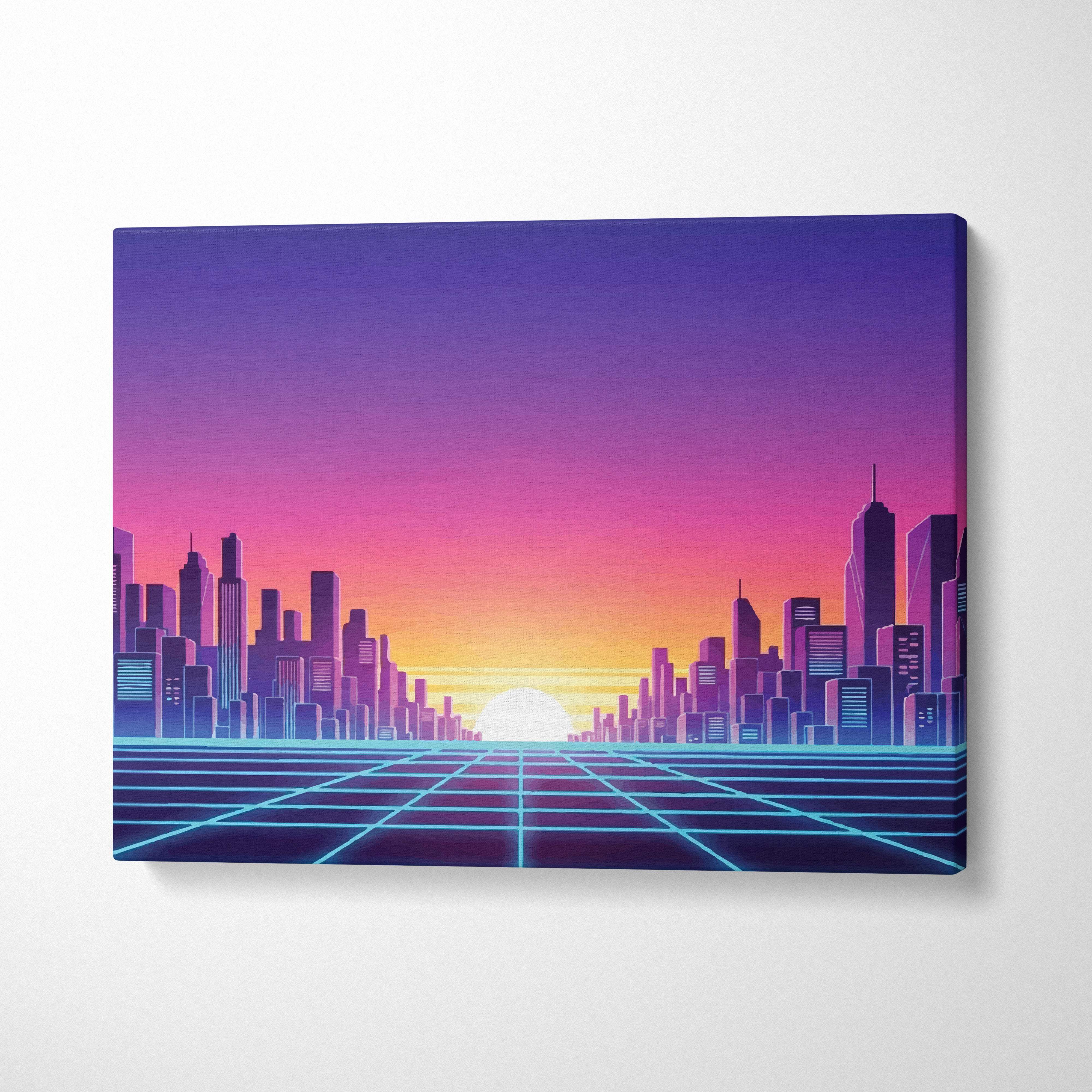 Vaporwave city skyline grid canvas art print with vibrant retro-futuristic purple pink orange gradient sky and glowing blue grid lines