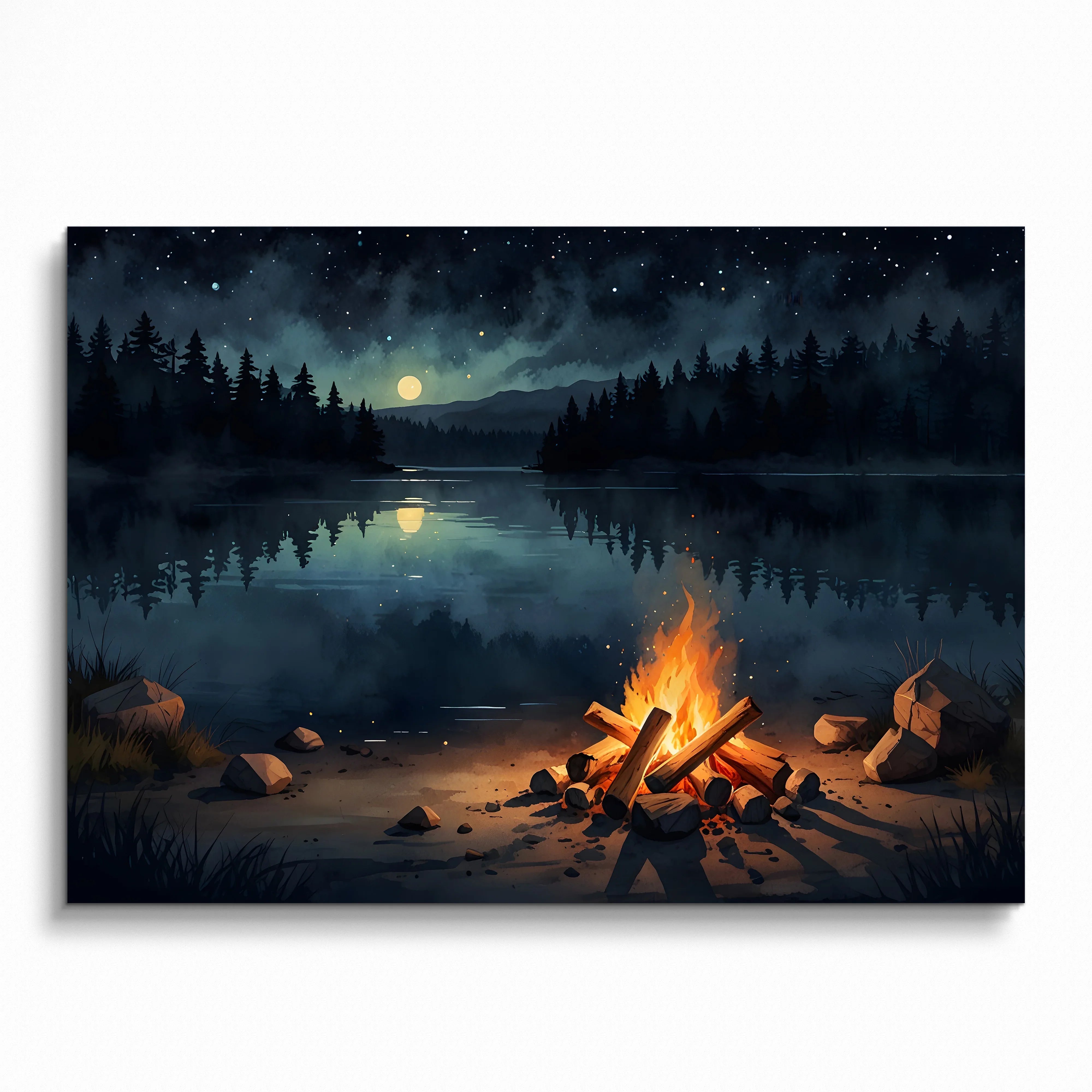 Watercolor starry night sky poster with campfire by a lake and silhouetted pine trees wall art.