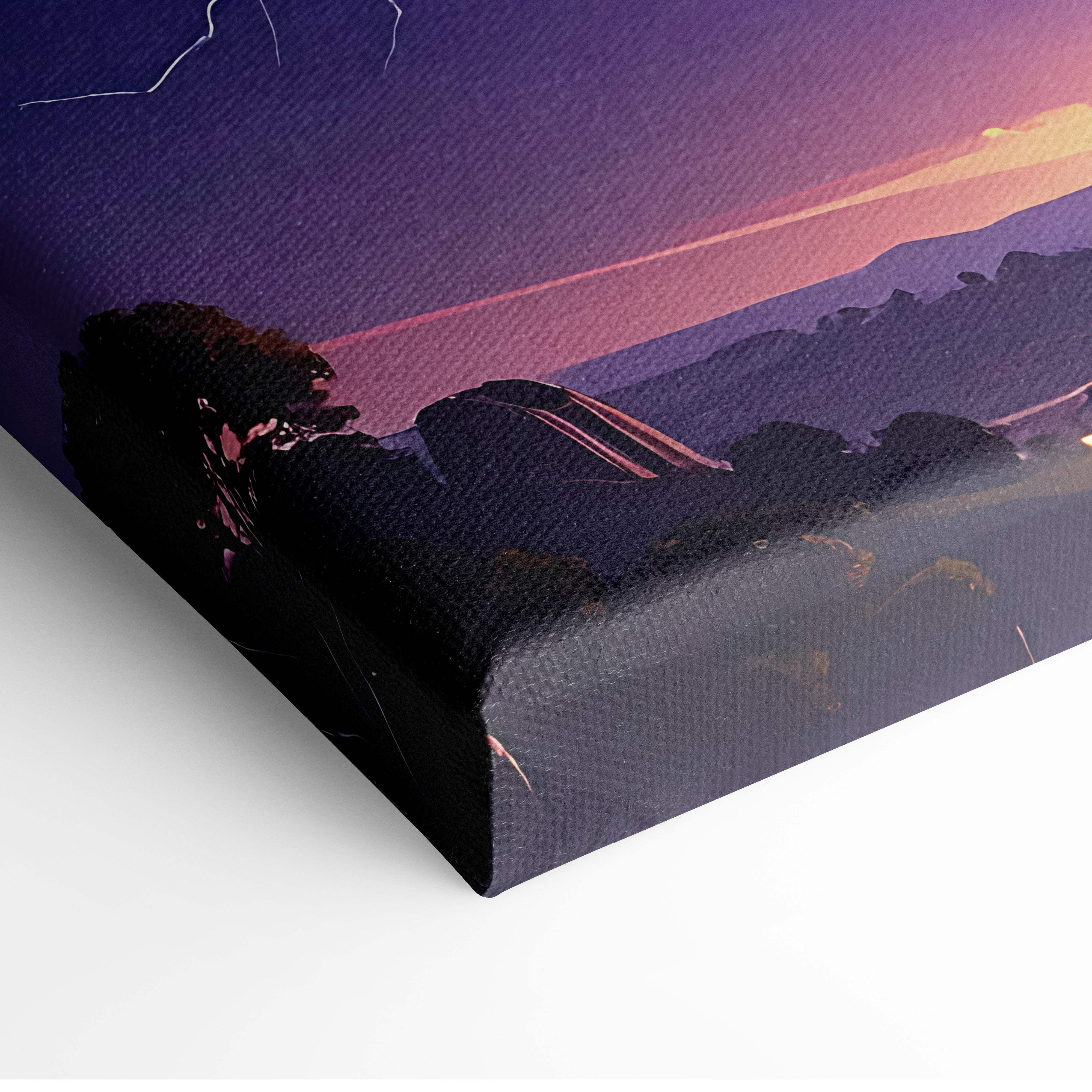 Canvas print of an epic lightning storm over mountains with vibrant purples pinks and oranges on textured fabric