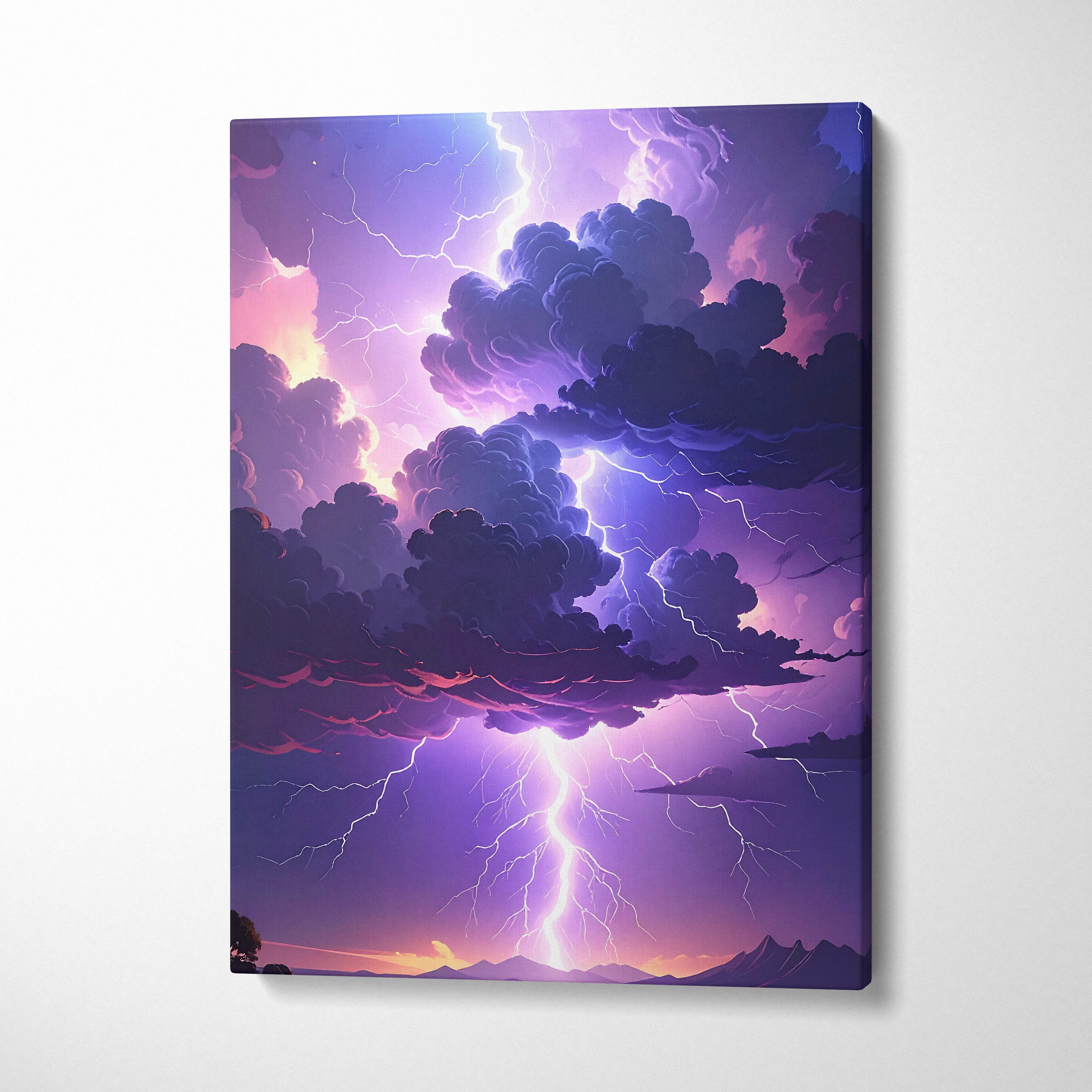 Epic lightning storm over mountains canvas art featuring vibrant purple and pink lightning with dramatic clouds